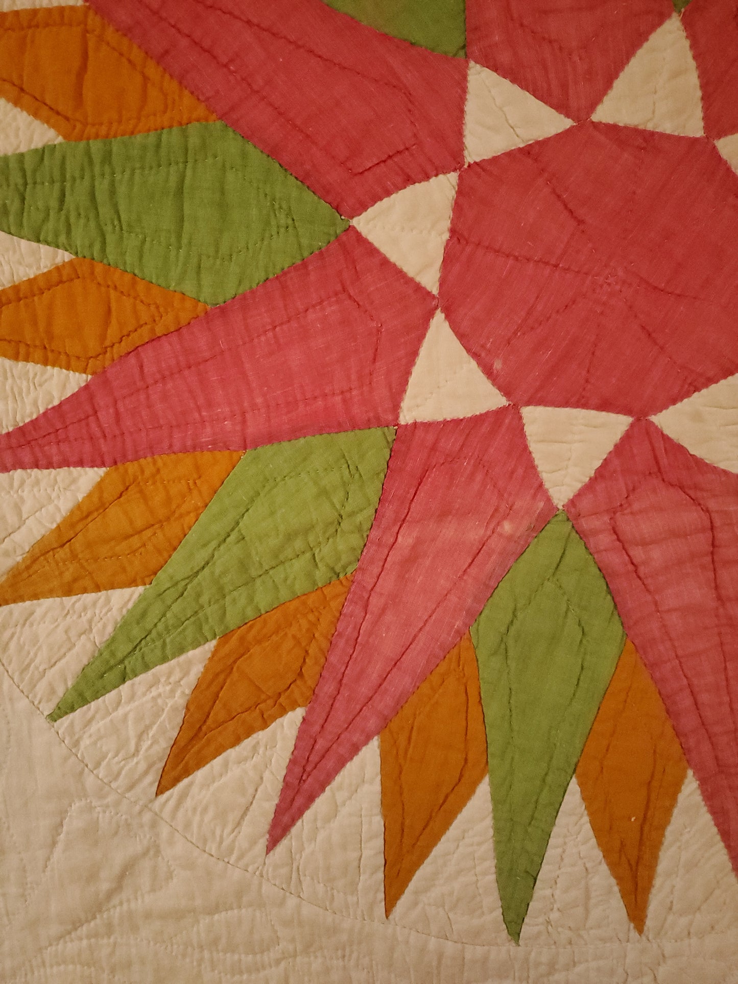 19th Century Rare Rose Border Compass Antique Quilt Turkey Red, Cheddar & Green