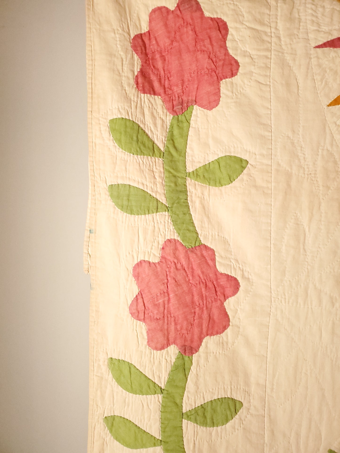 19th Century Rare Rose Border Compass Antique Quilt Turkey Red, Cheddar & Green