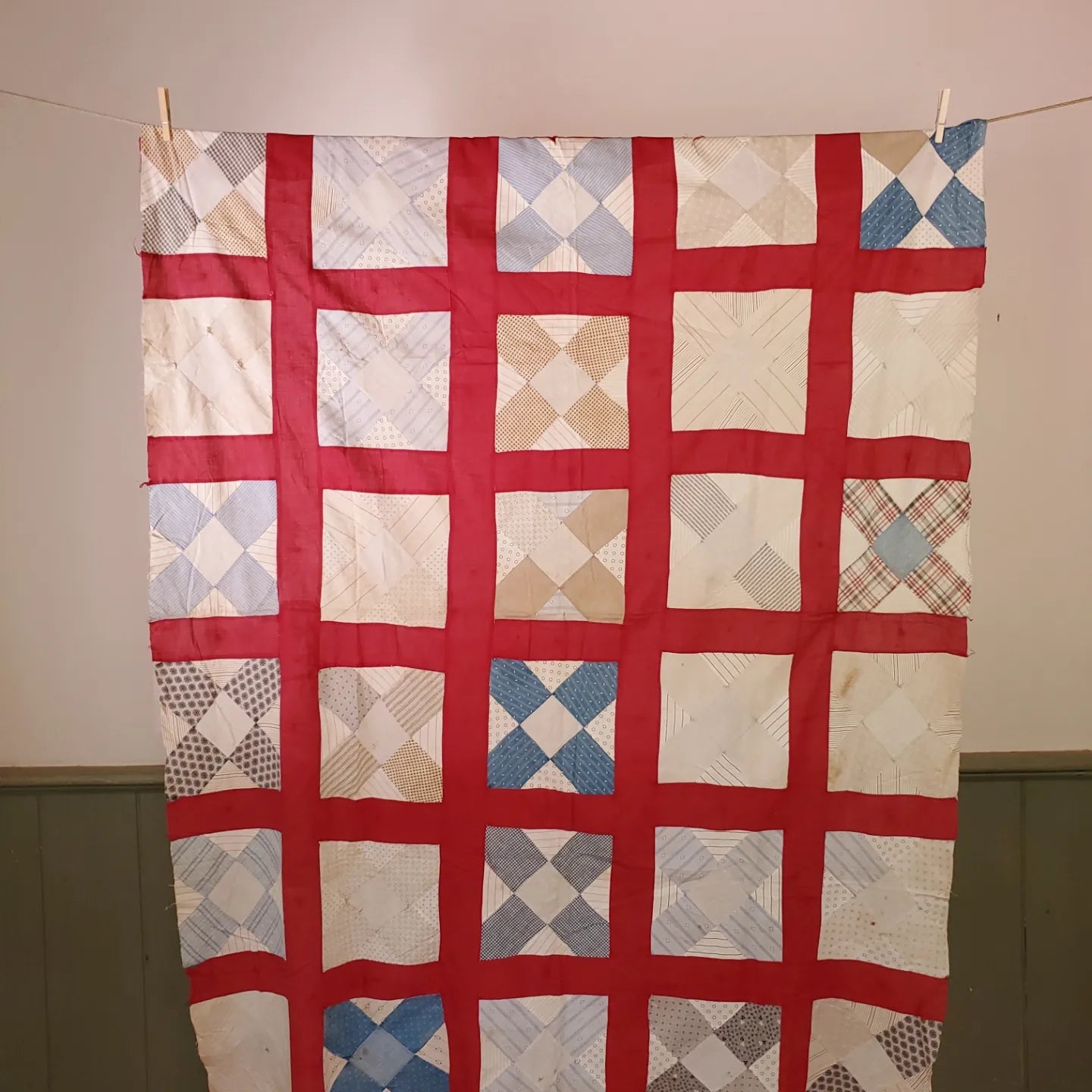 Small, Turkey Red Sashing & Shirting Vintage Scrappy Quilt Top