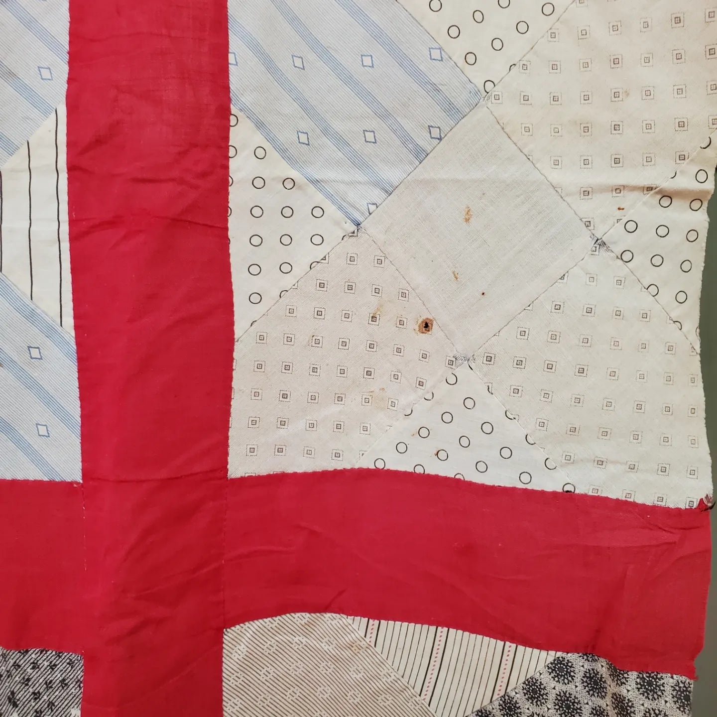 Small, Turkey Red Sashing & Shirting Vintage Scrappy Quilt Top