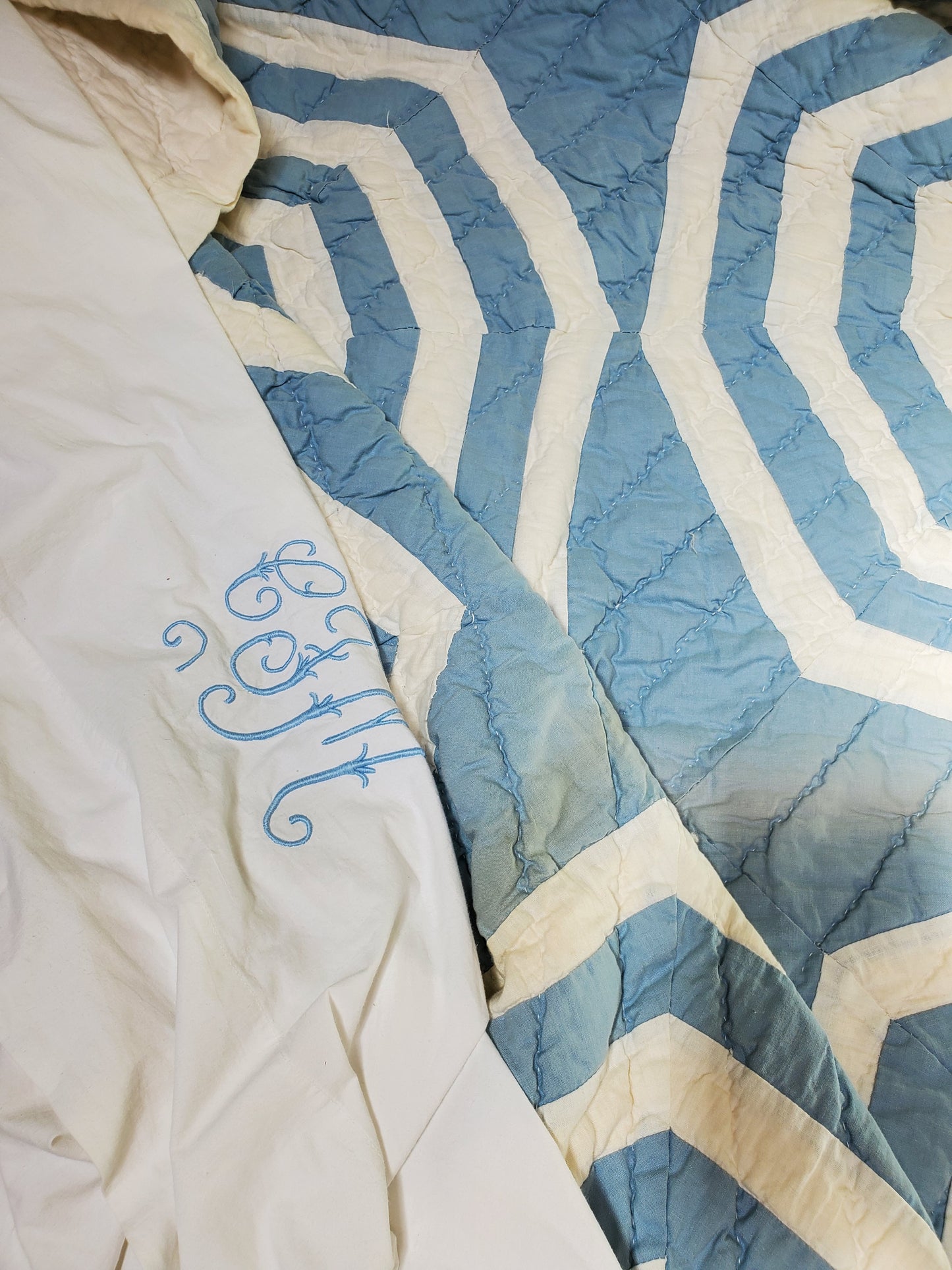 Blue and White Vintage Patchwork Quilt ca 1940