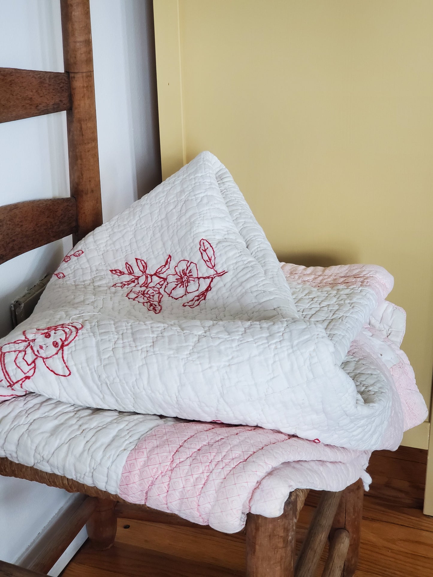 Hand Stitched Antique Redwork Quilt ca 1900