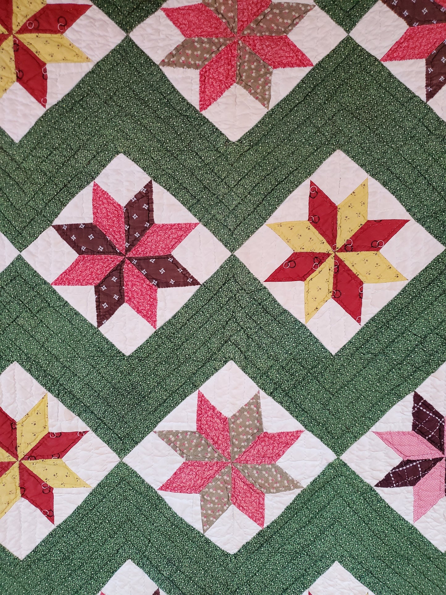 Green and Multicolor LeMoyne Star Antique Quilt, ca 1880