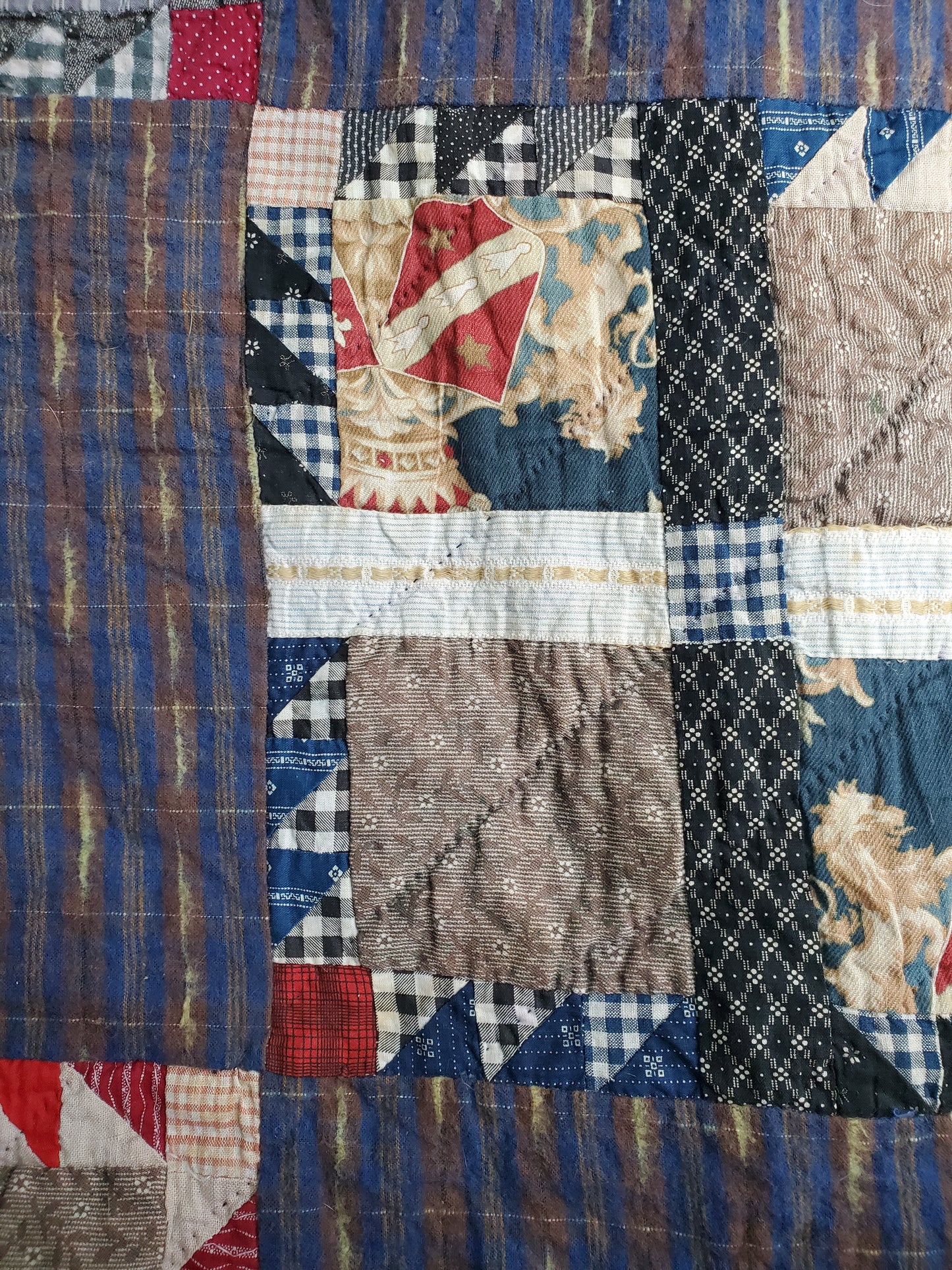 Antique Lion Coat of Arms, Heraldic Crest Block Flannel Quilt, ca 1900