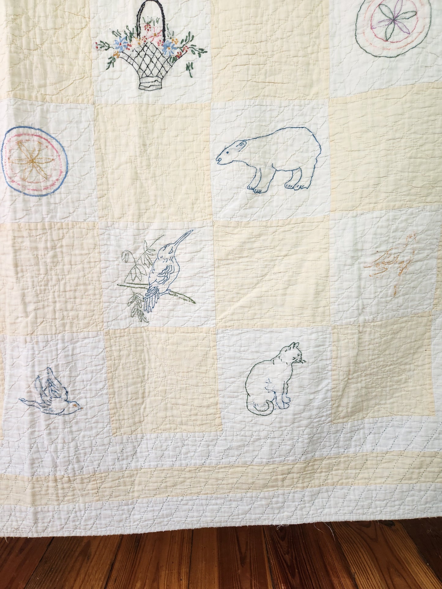 Early 20th Century Embroidered Quilt with Flora & Fauna Motifs