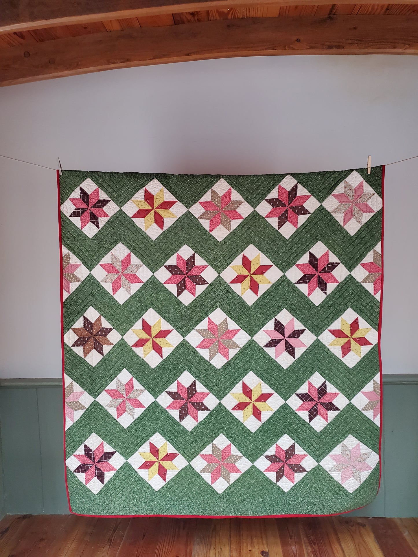 Green and Multicolor LeMoyne Star Antique Quilt, ca 1880