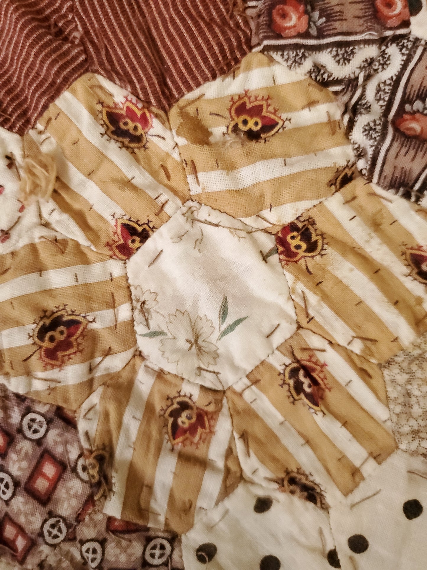 Double Sided Hexagon Patchwork Quilt Remnant, ca 1890