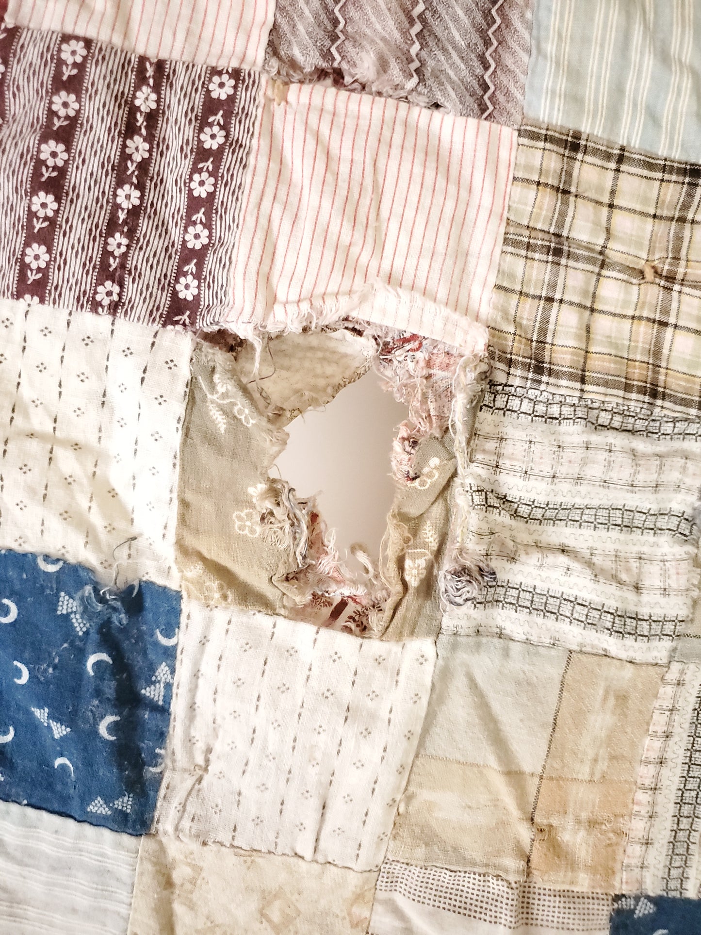Double Sided Hexagon Patchwork Quilt Remnant, ca 1890