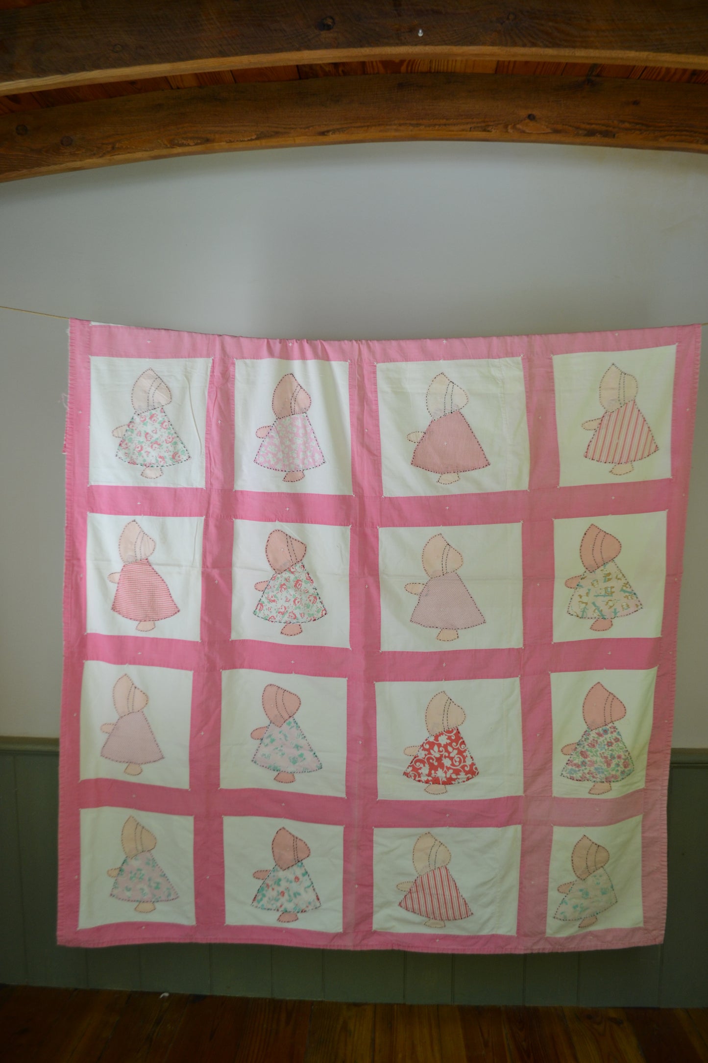 Pink Hand Tacked Sun Bonnet Sue Coverlet ca 1940
