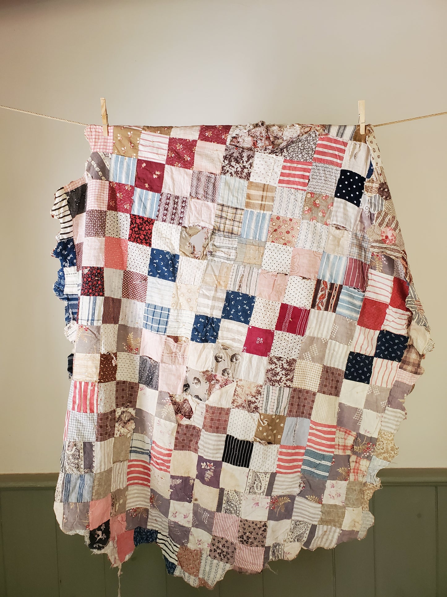 Double Sided Hexagon Patchwork Quilt Remnant, ca 1890