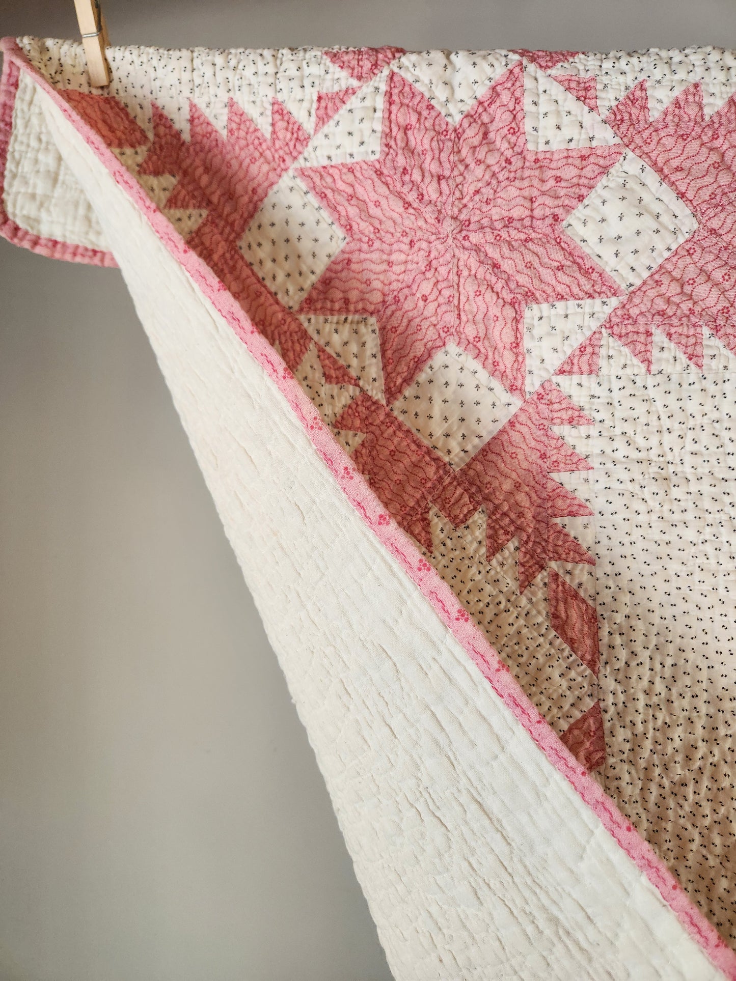 Antique Pink and White Feathered Star Quilt c1890