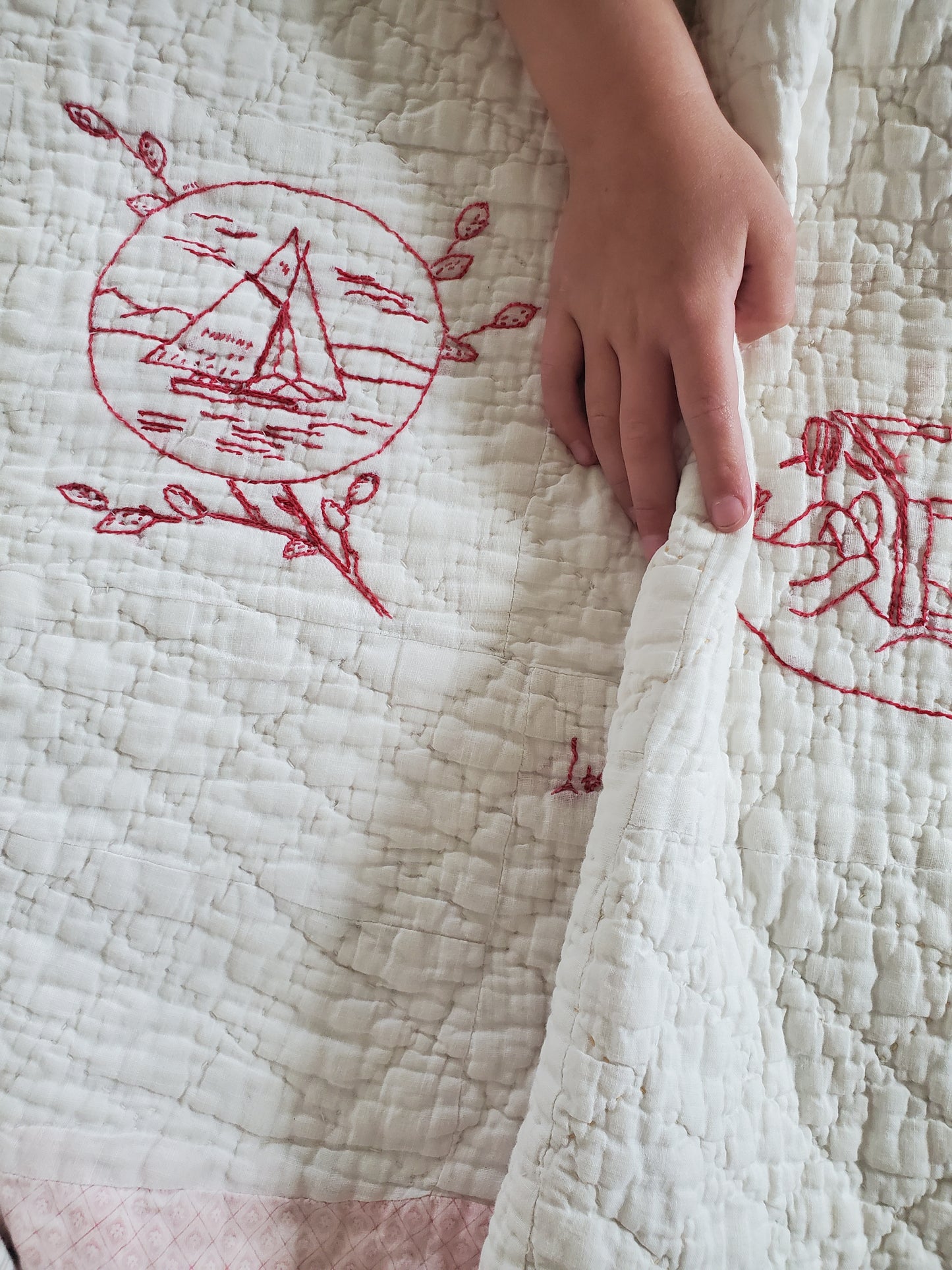 Hand Stitched Antique Redwork Quilt ca 1900