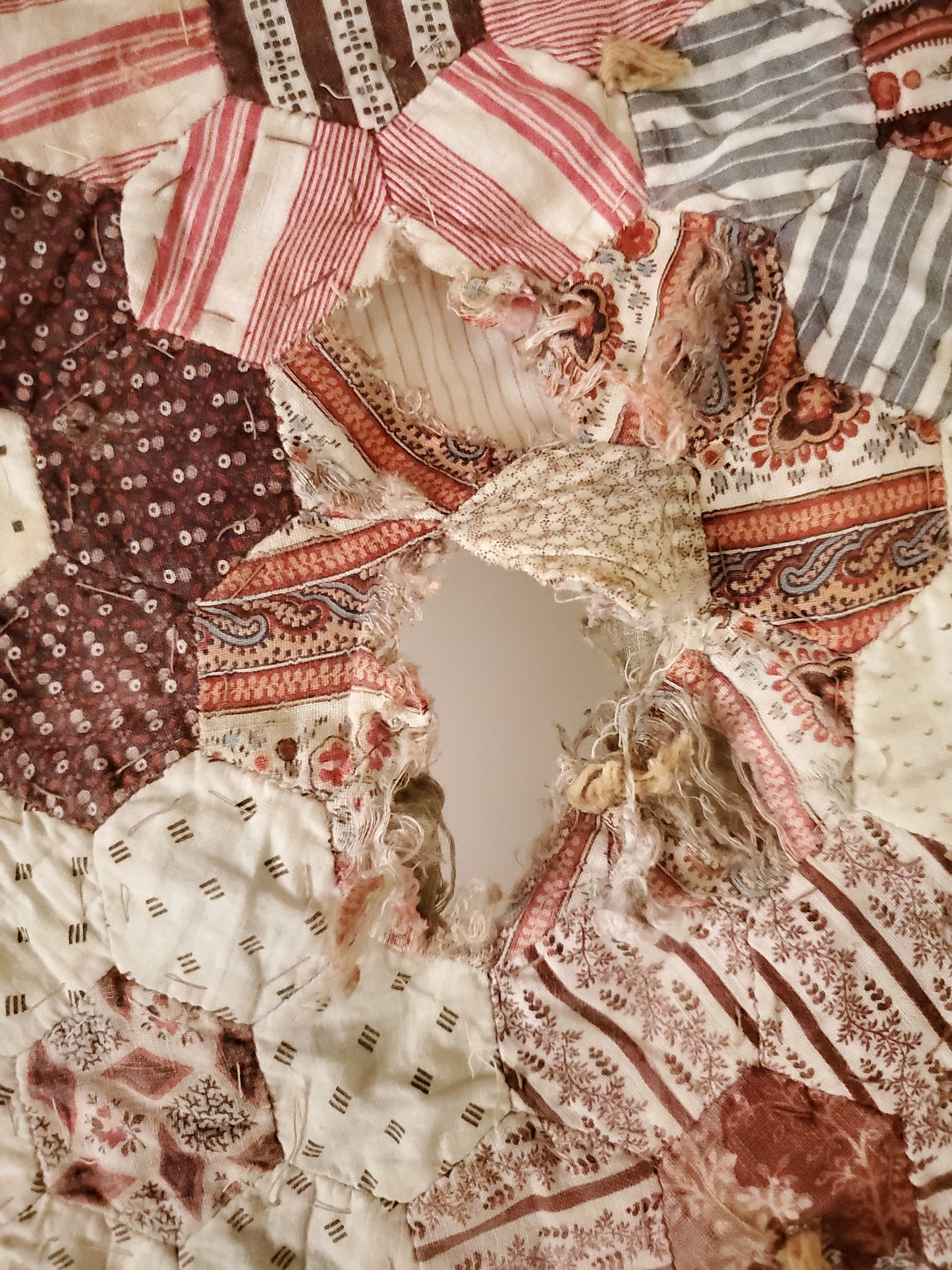 Double Sided Hexagon Patchwork Quilt Remnant, ca 1890