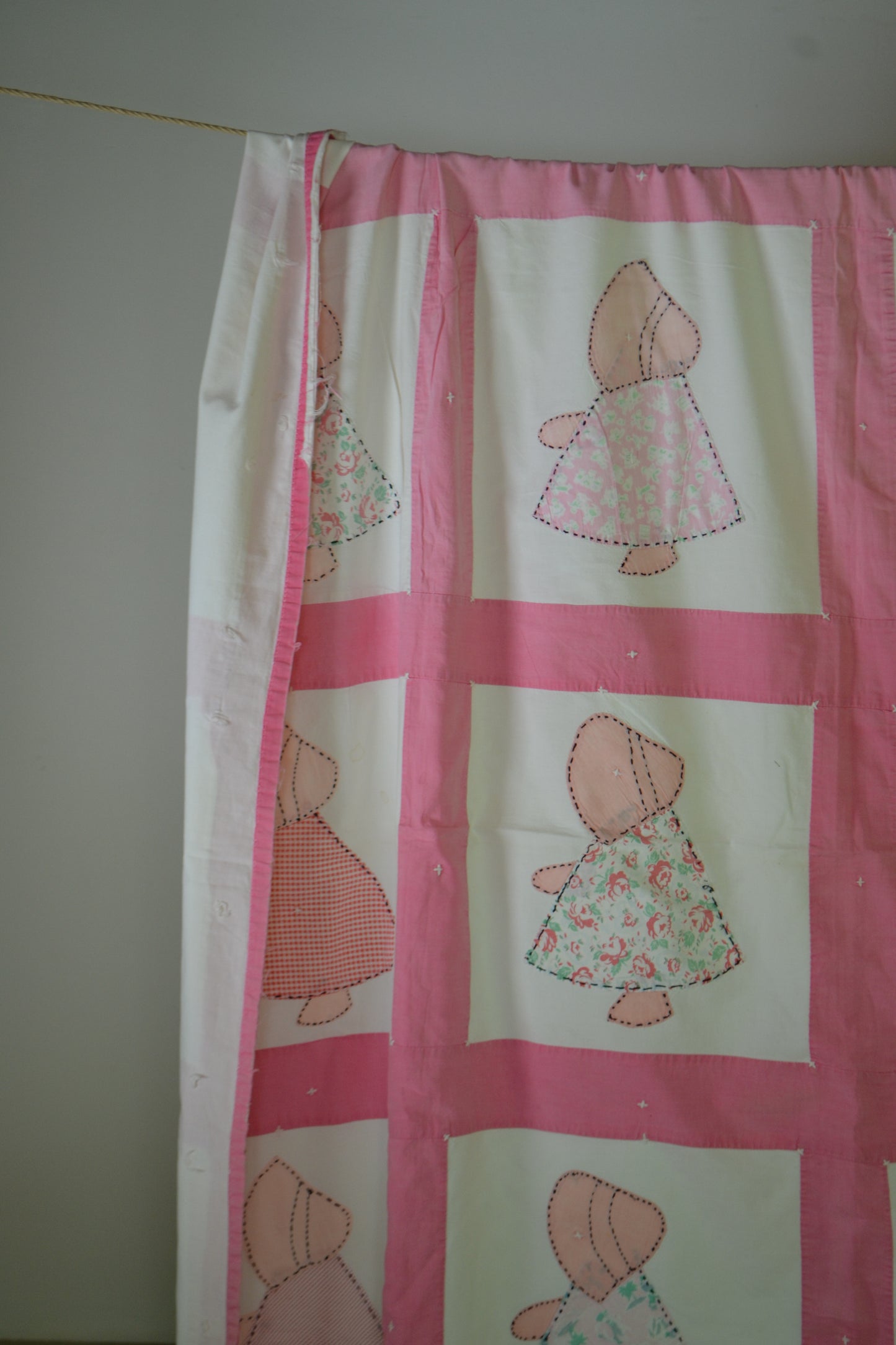 Pink Hand Tacked Sun Bonnet Sue Coverlet ca 1940