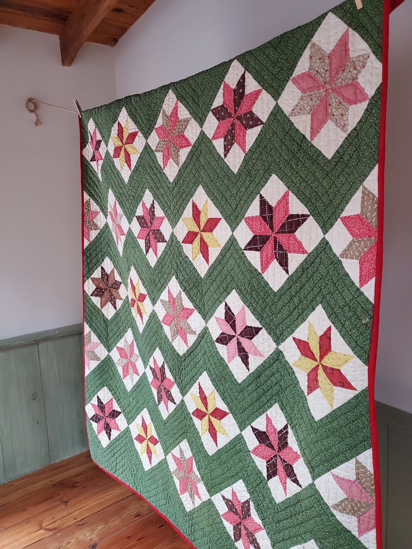 Green and Multicolor LeMoyne Star Antique Quilt, ca 1880