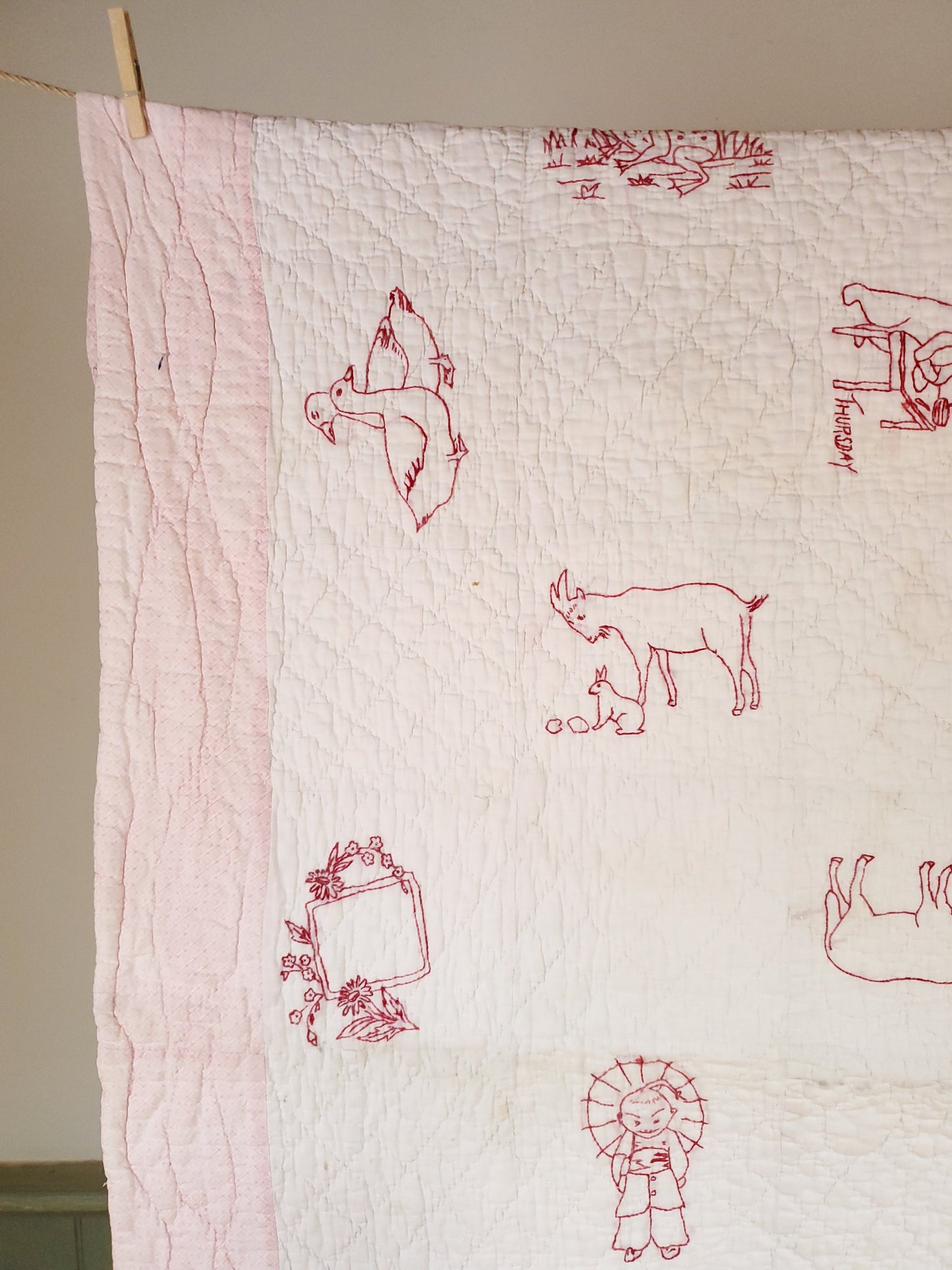 Hand Stitched Antique Redwork Quilt ca 1900