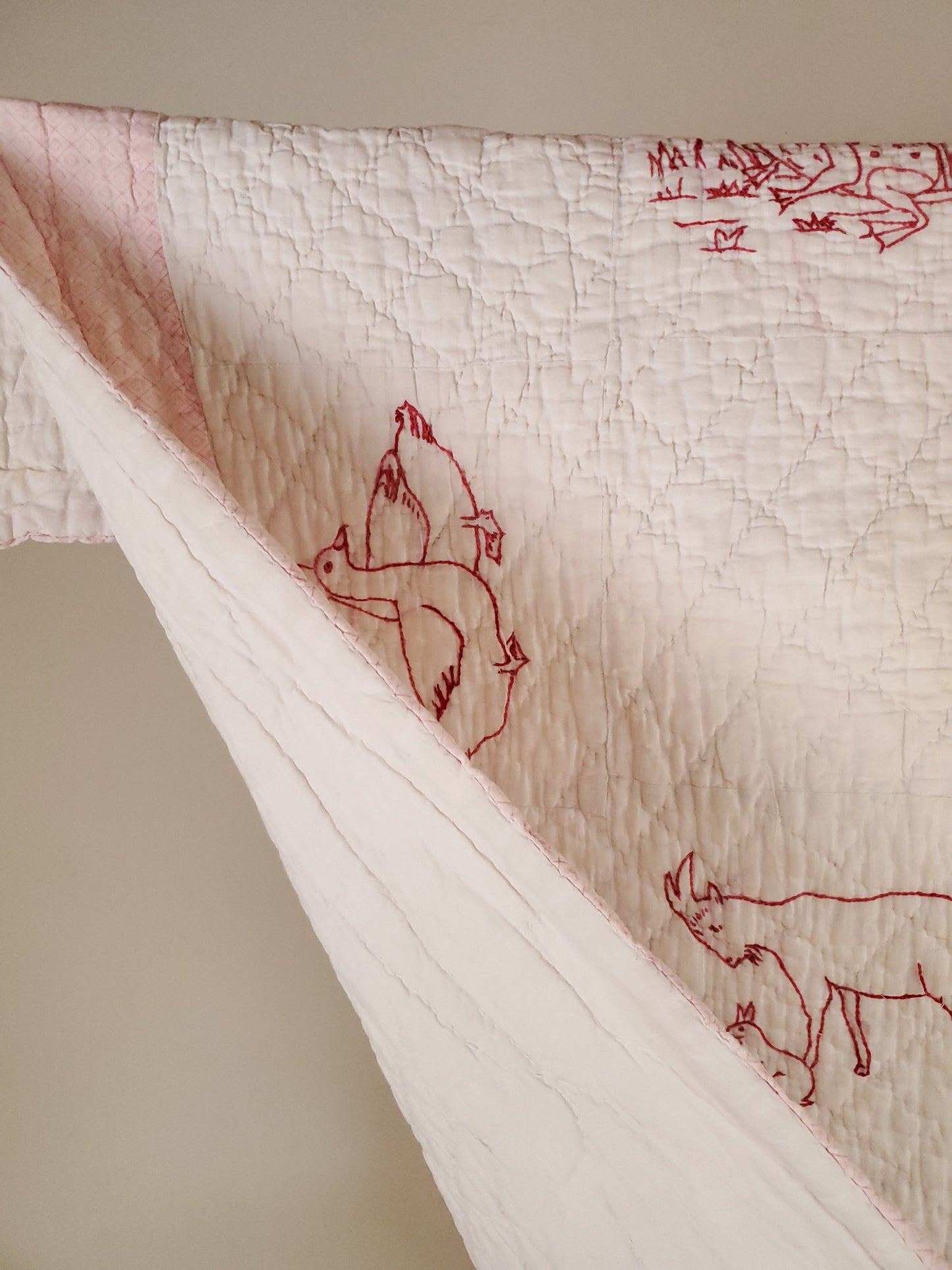 Hand Stitched Antique Redwork Quilt ca 1900