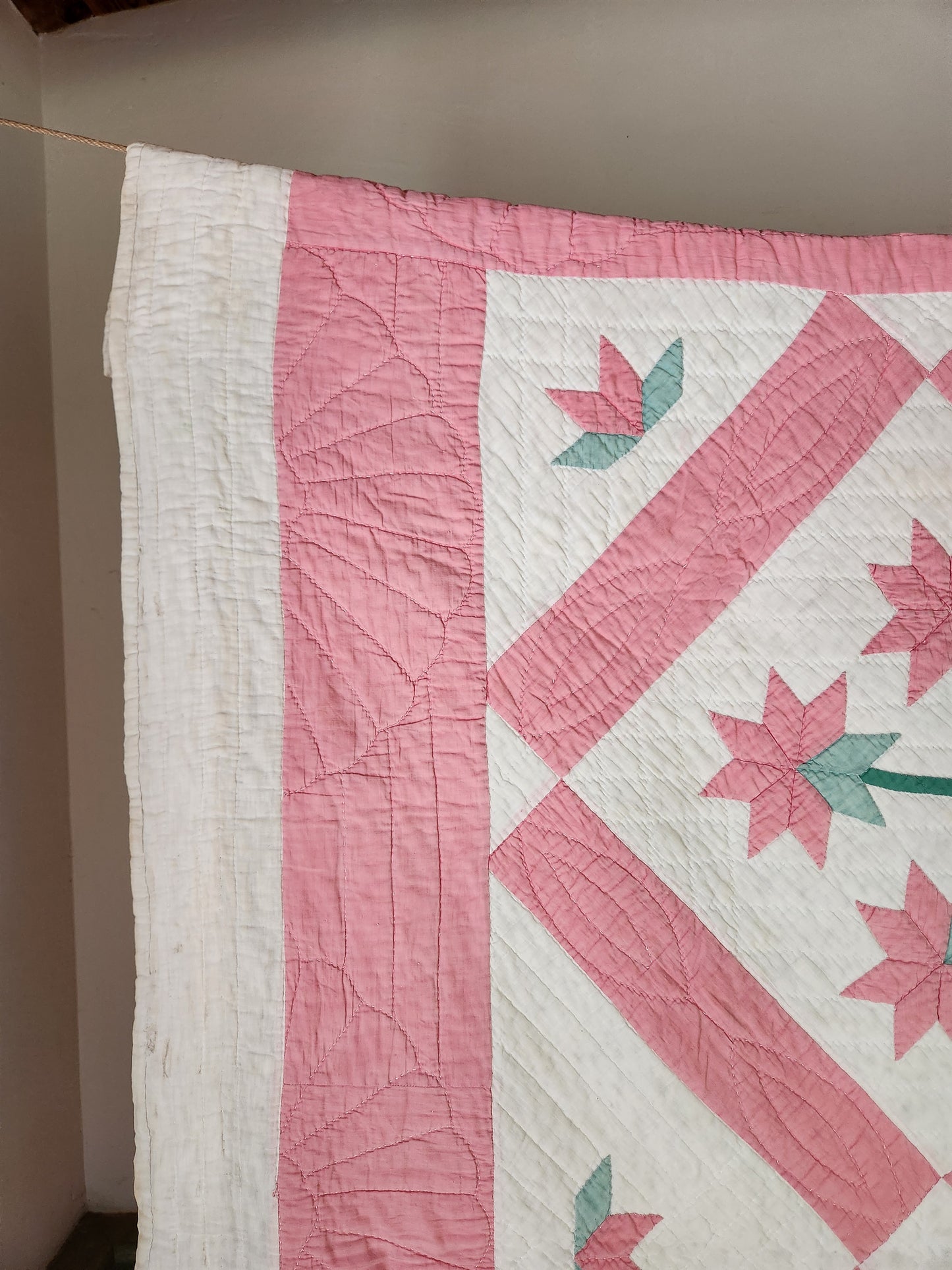 Pink and Green Lily Applique Quilt c1930