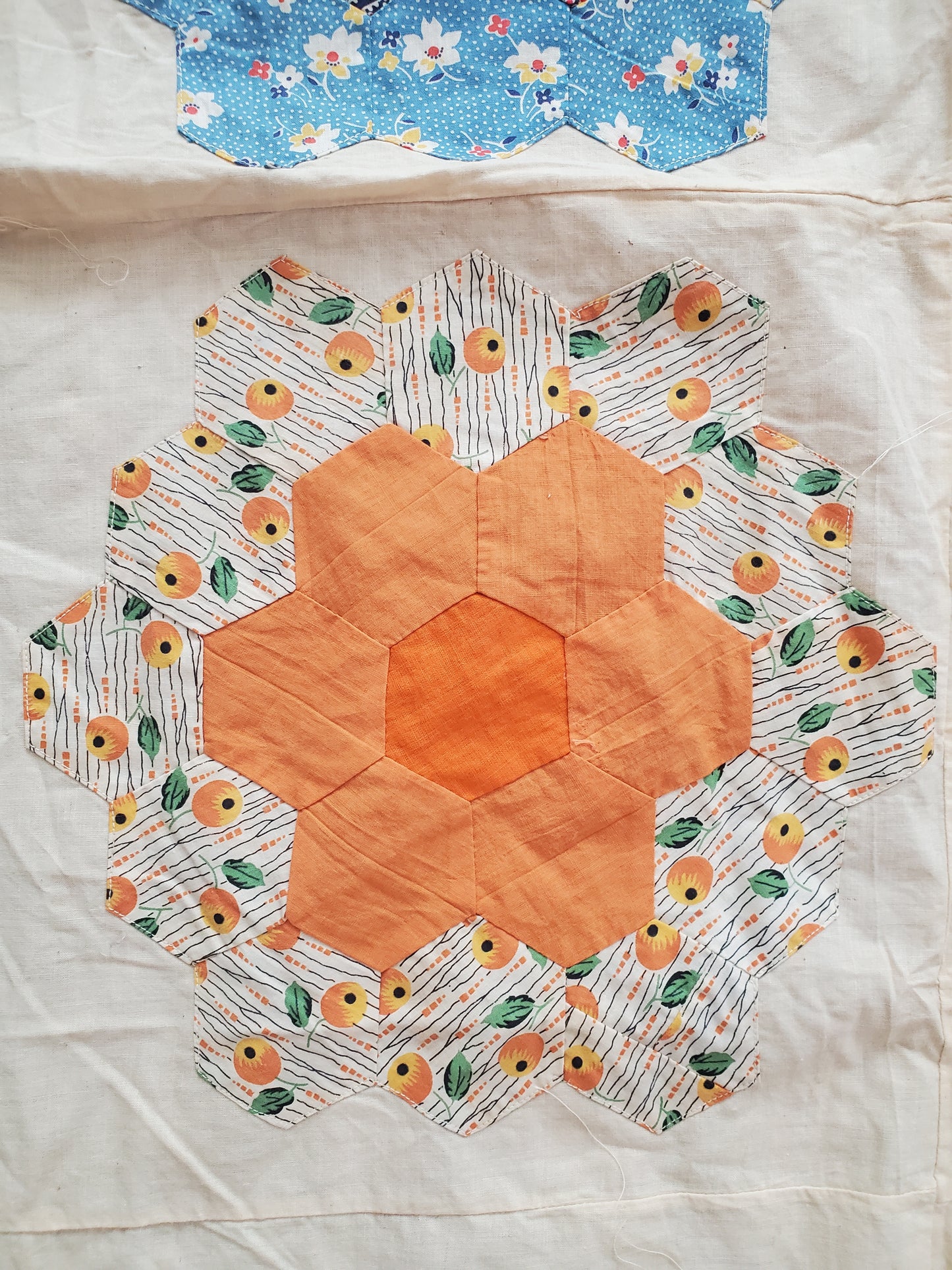 1930s Hexagon Flower Quilt Top