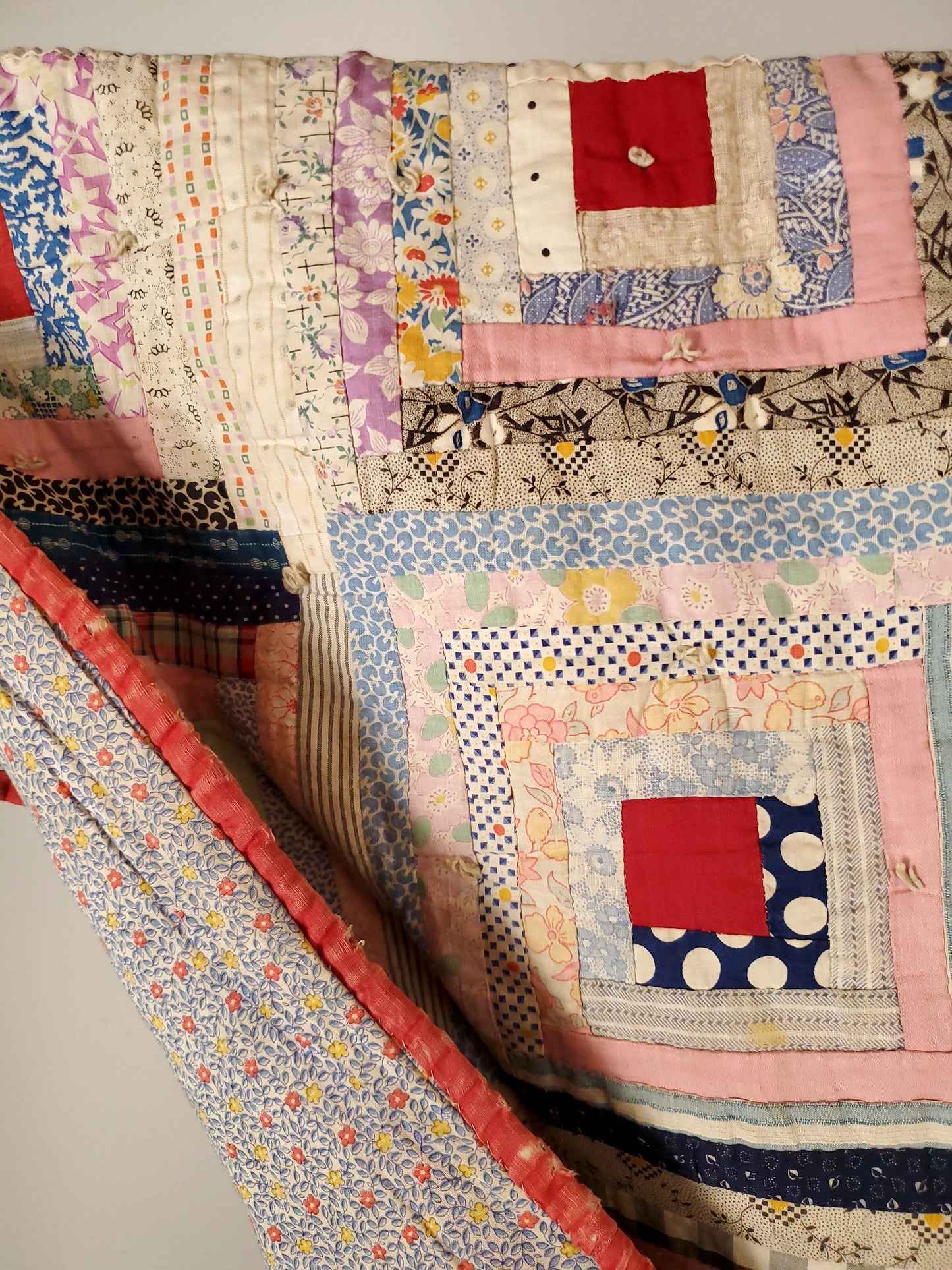 Hand Tied Log Cabin Quilt ca 1930