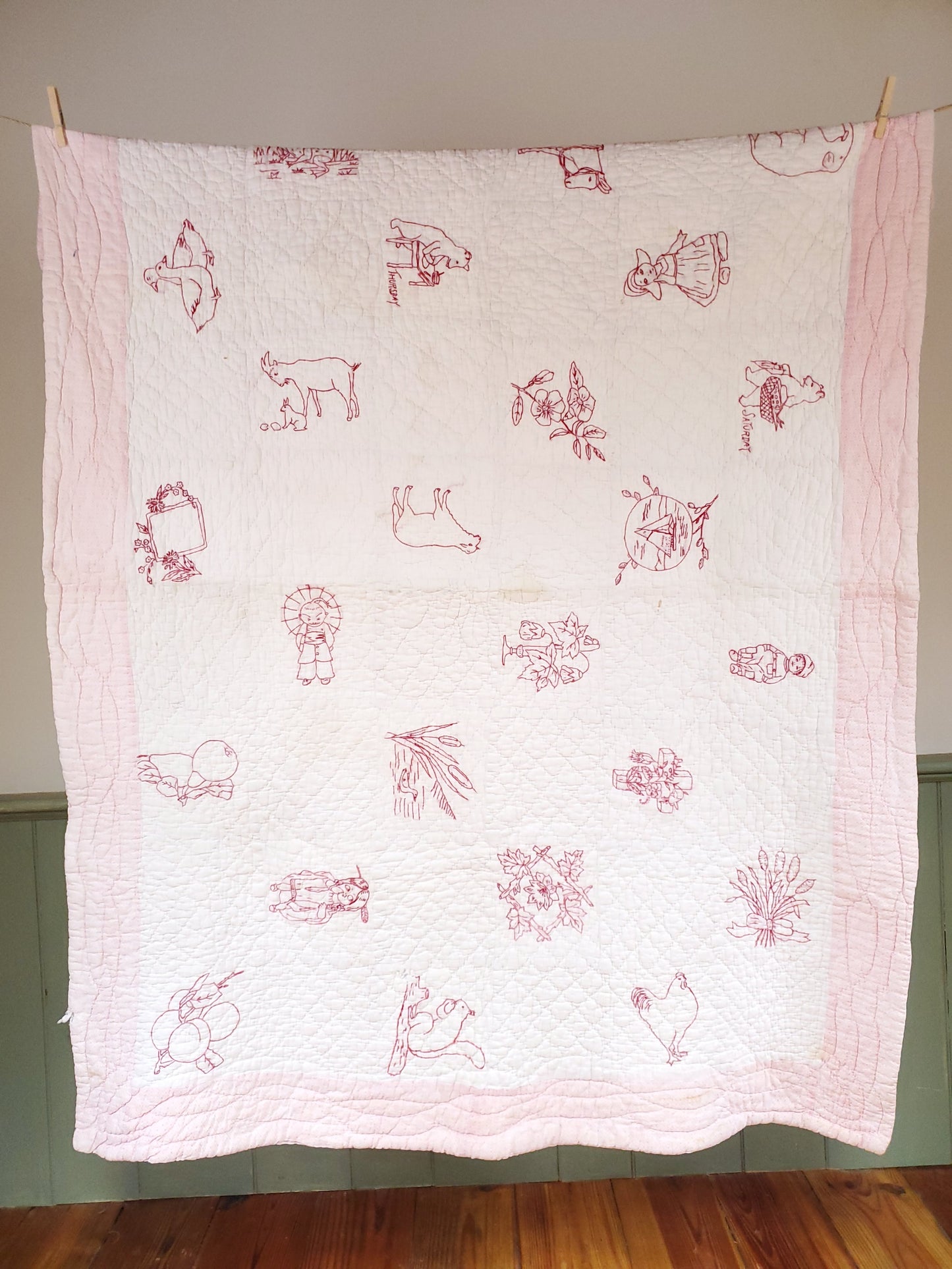 Hand Stitched Antique Redwork Quilt ca 1900