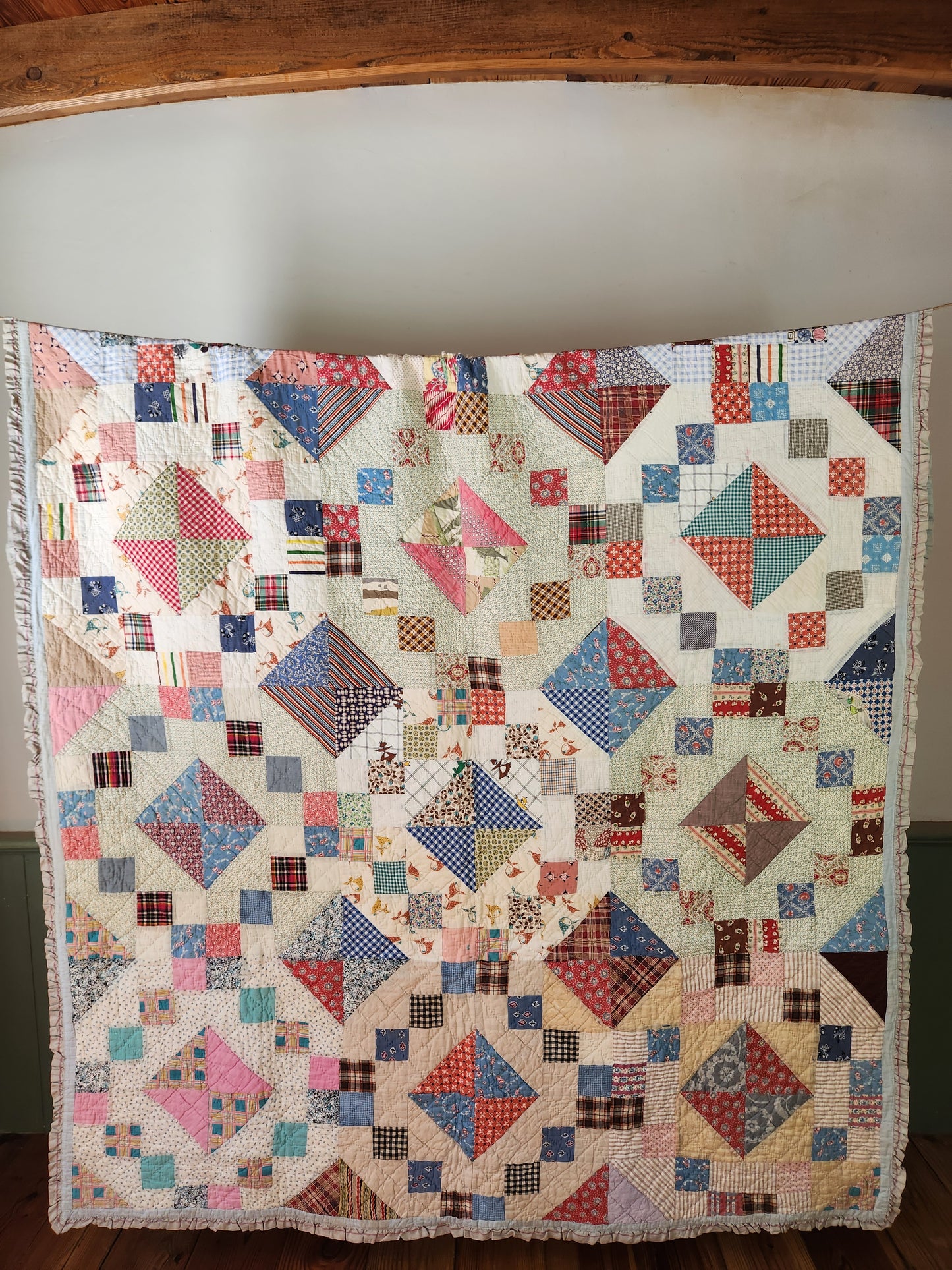 Unique Vintage Patchwork Quilt with Ruffles c1940