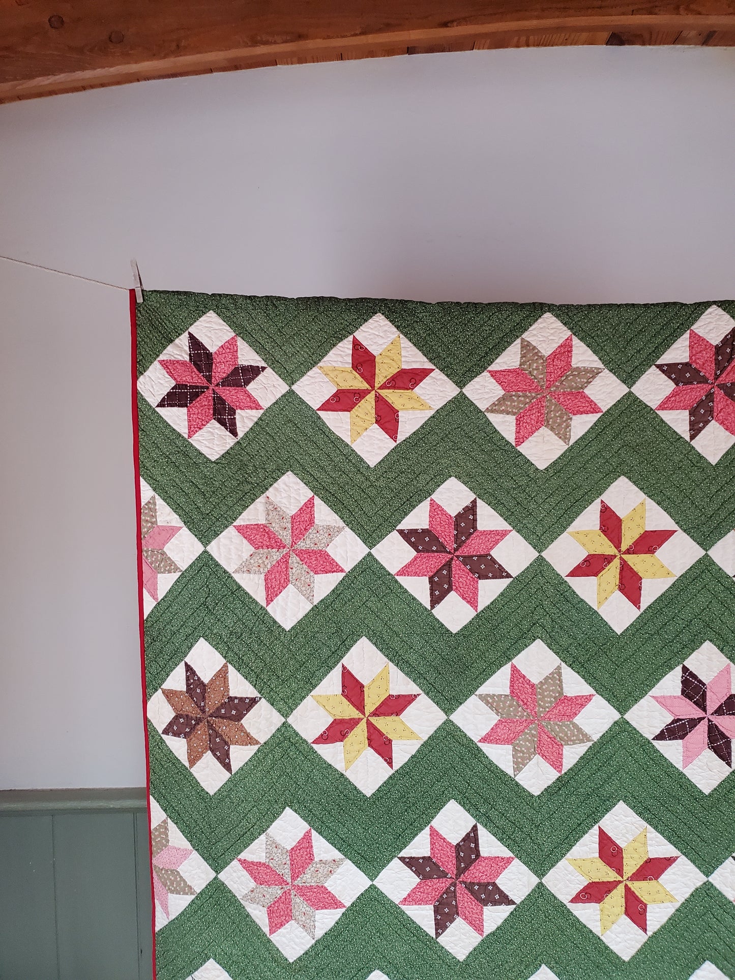 Green and Multicolor LeMoyne Star Antique Quilt, ca 1880