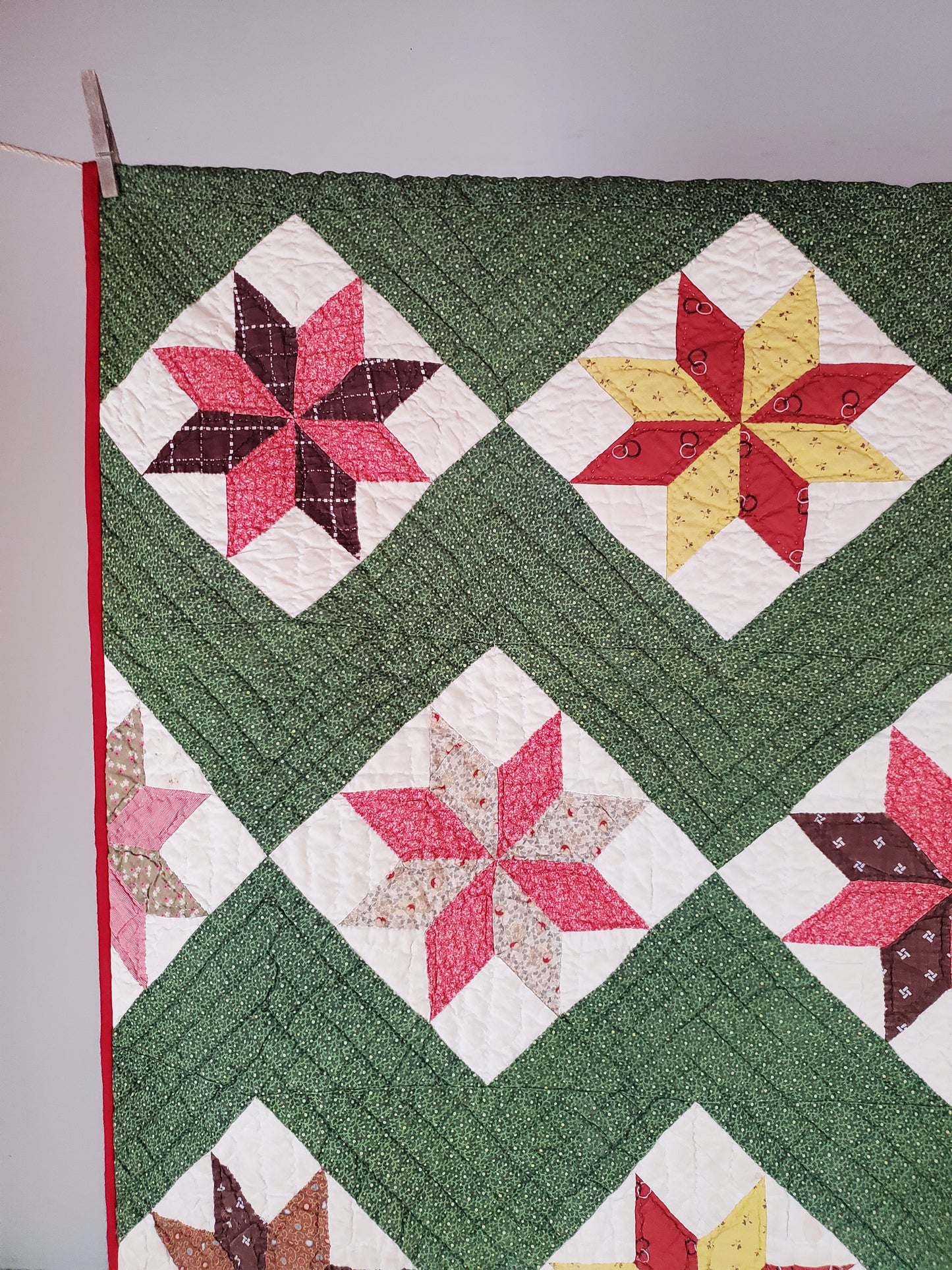 Green and Multicolor LeMoyne Star Antique Quilt, ca 1880