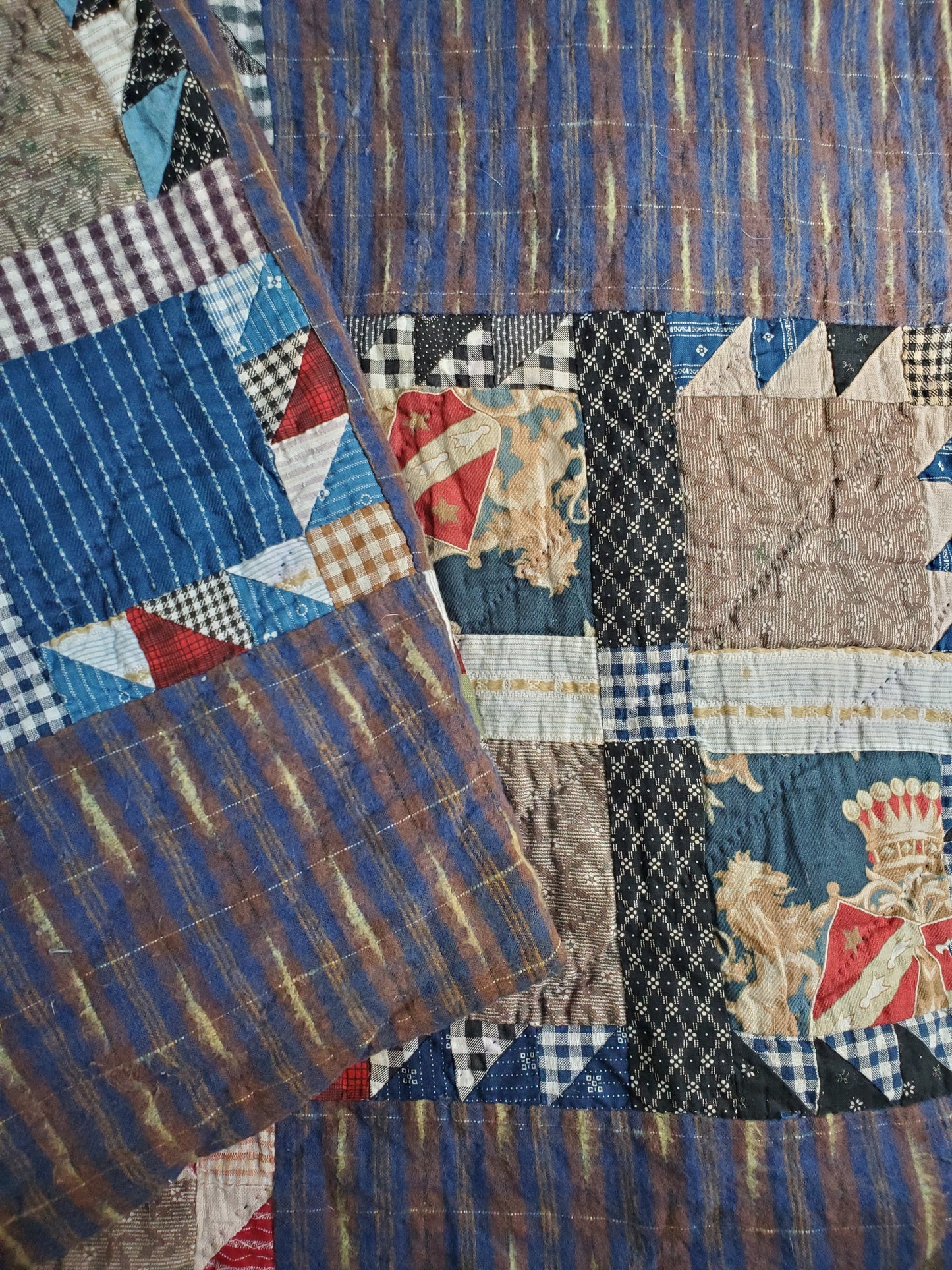 Antique Lion Coat of Arms, Heraldic Crest Block Flannel Quilt, ca 1900