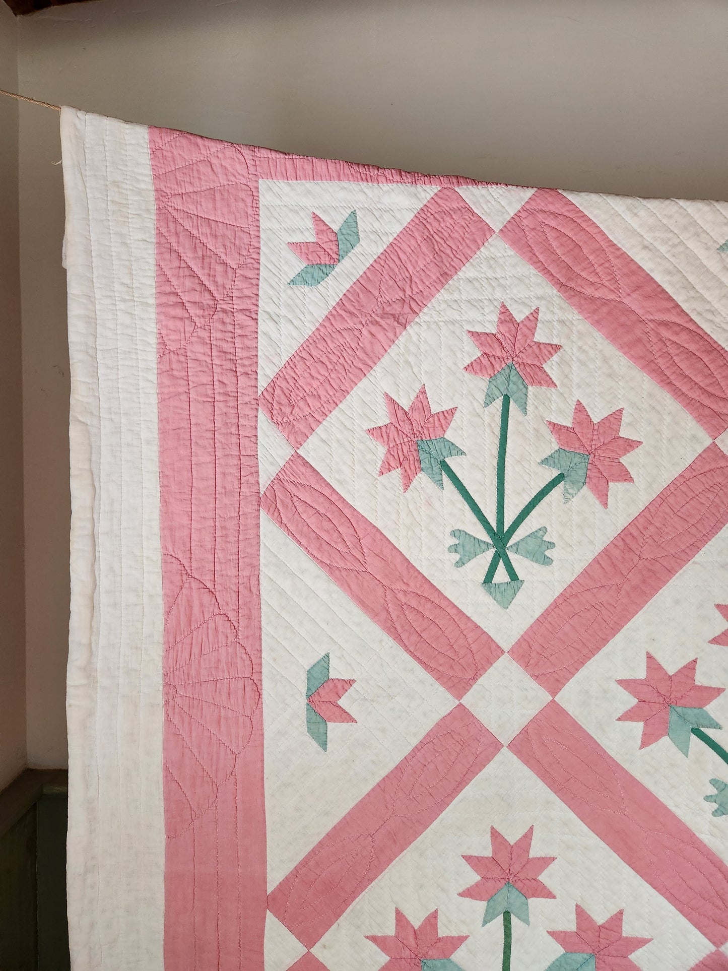 Pink and Green Lily Applique Quilt c1930