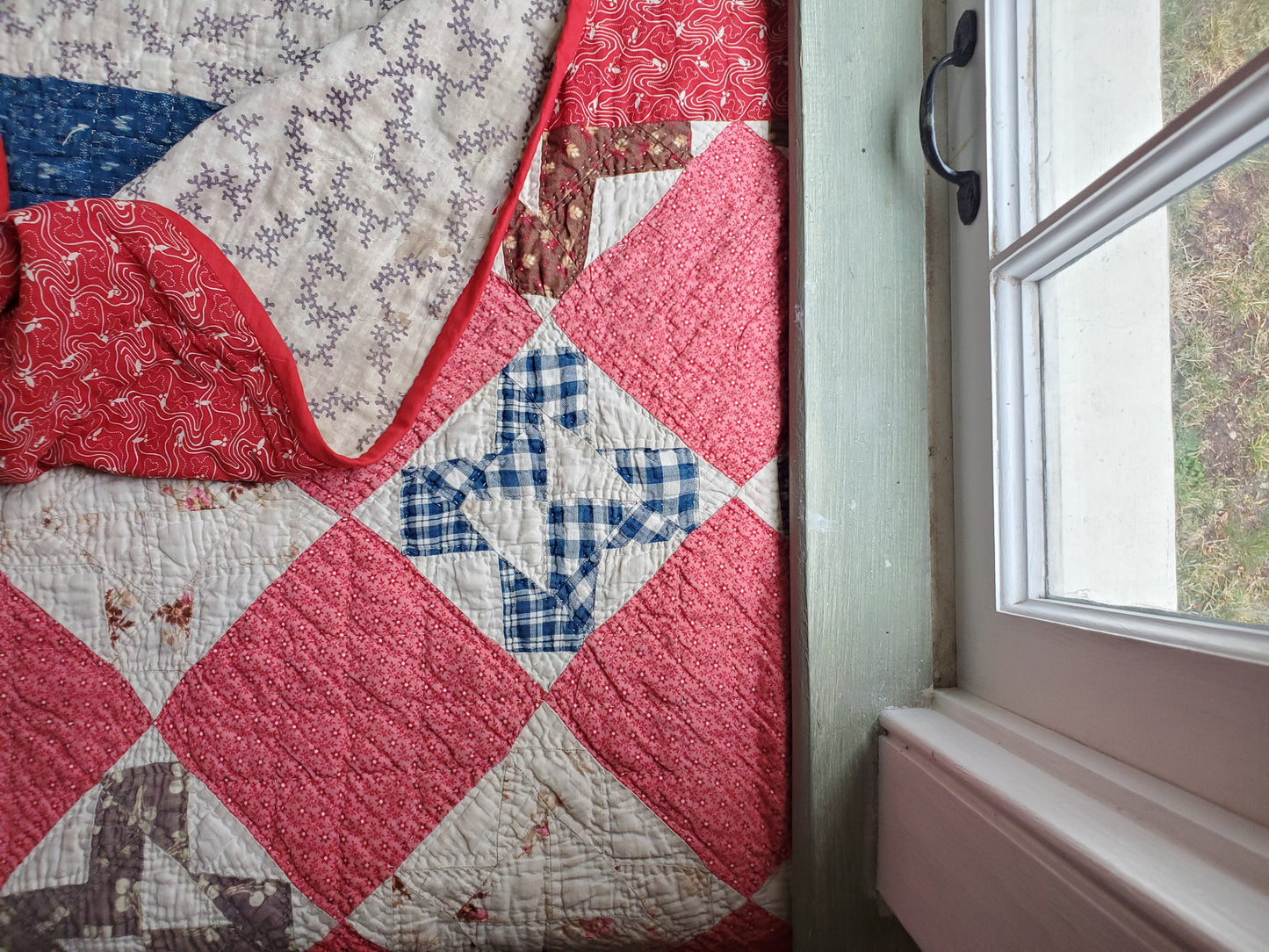 Bar-Backed Double Pink & Indigo Antique Quilt, ca 1900