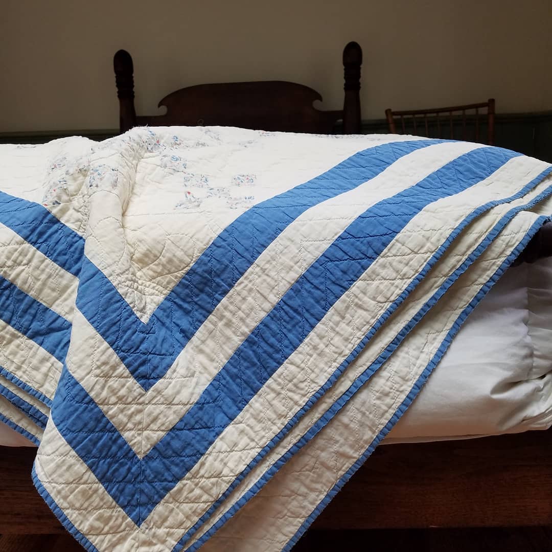White and Blue floral Nine Patch Quilt