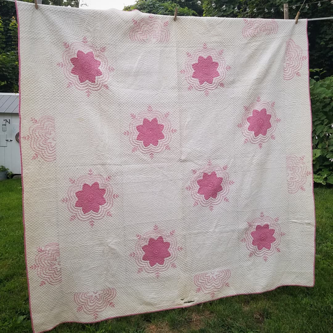 Pink Applique and Embroidered Quilt
