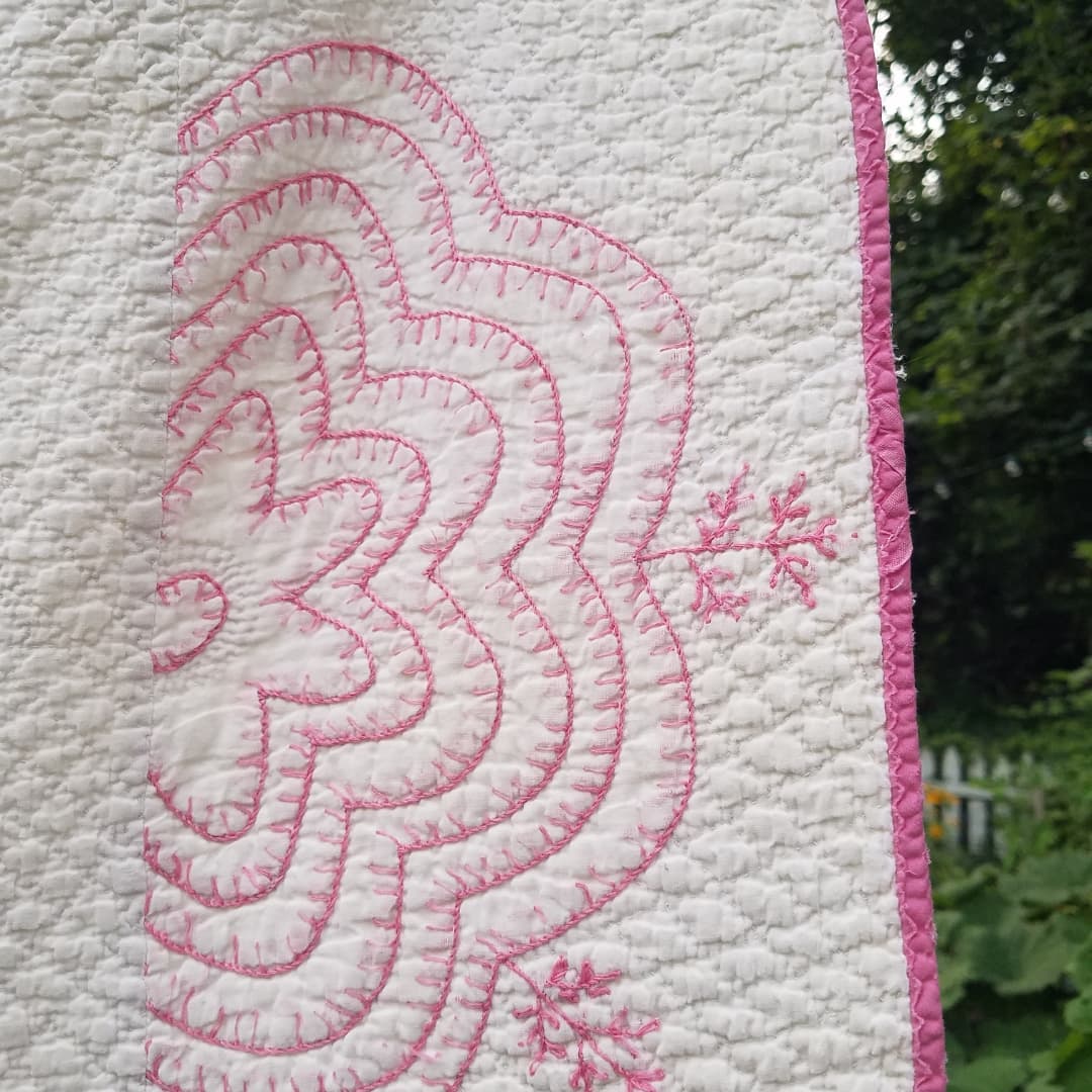 Pink Applique and Embroidered Quilt