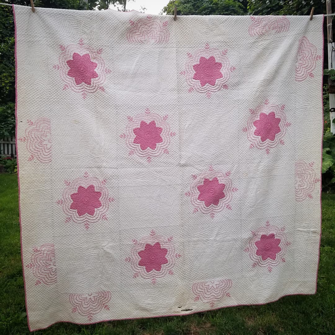 Pink Applique and Embroidered Quilt