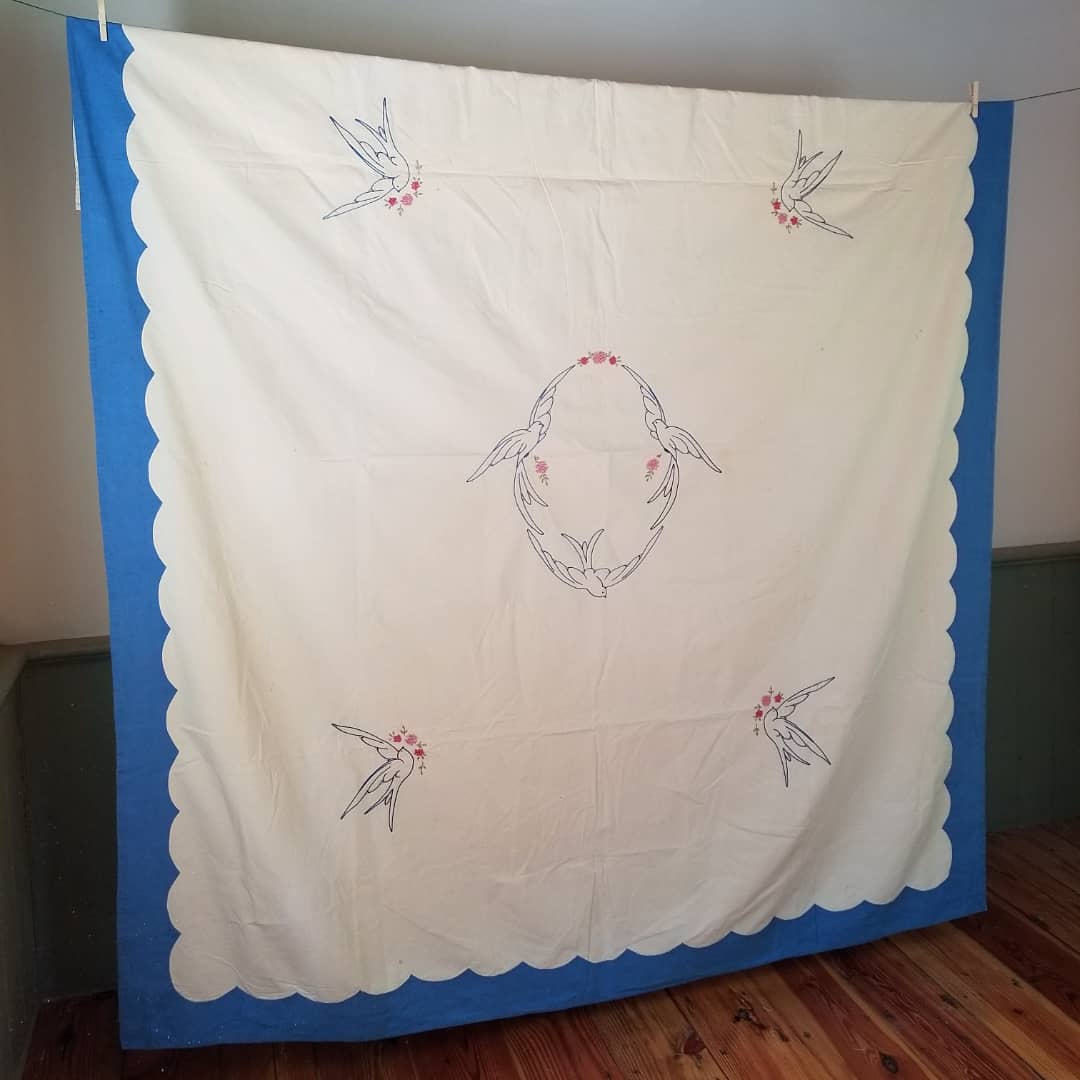 Hand Embroidered Dove Coverlet