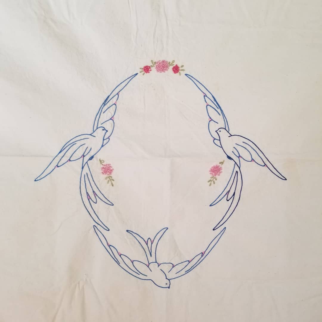 Hand Embroidered Dove Coverlet