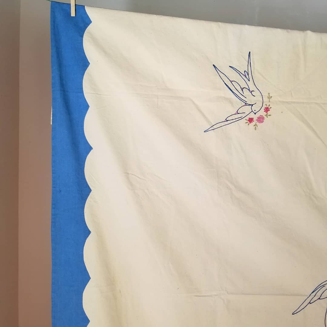 Hand Embroidered Dove Coverlet