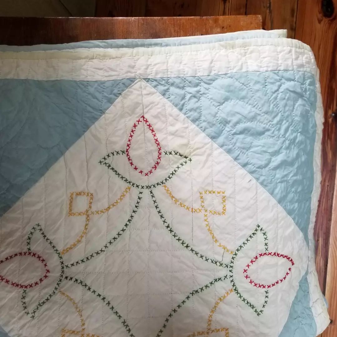 Antique Baby Blue Cross Stitched Quilt