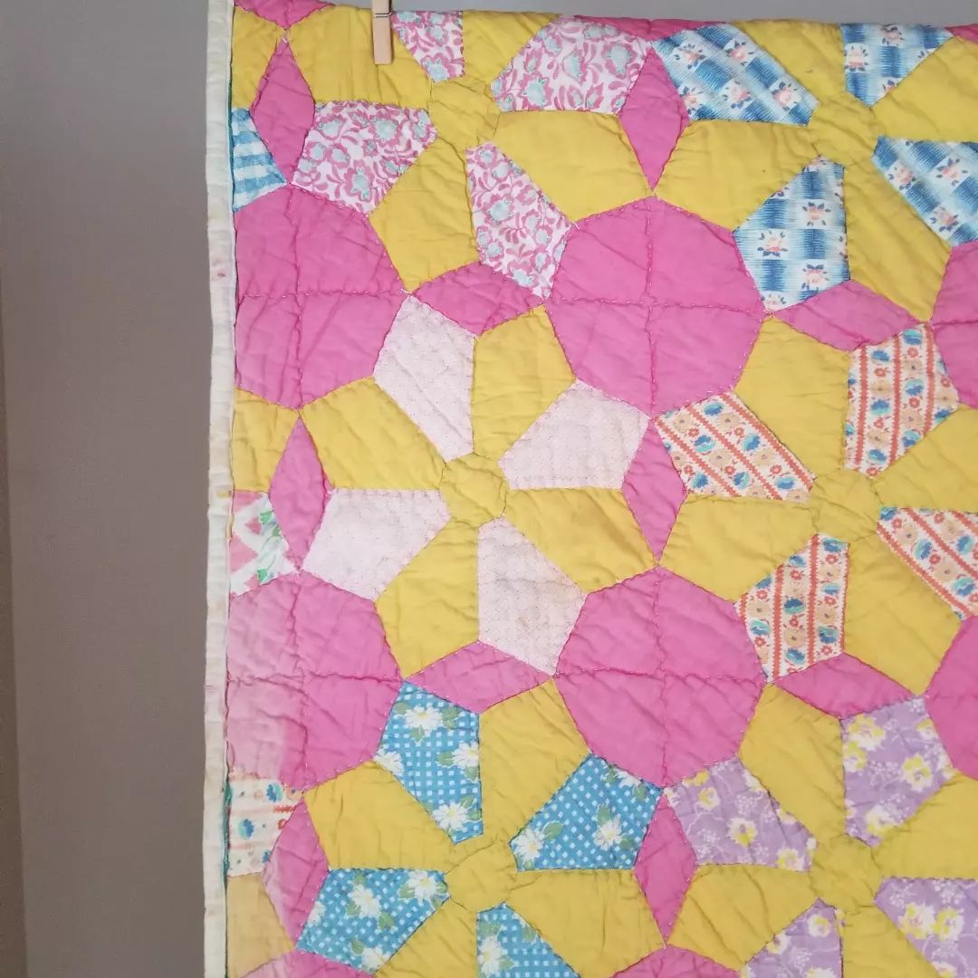 Pink and Yellow, Stripe Backed Quilt