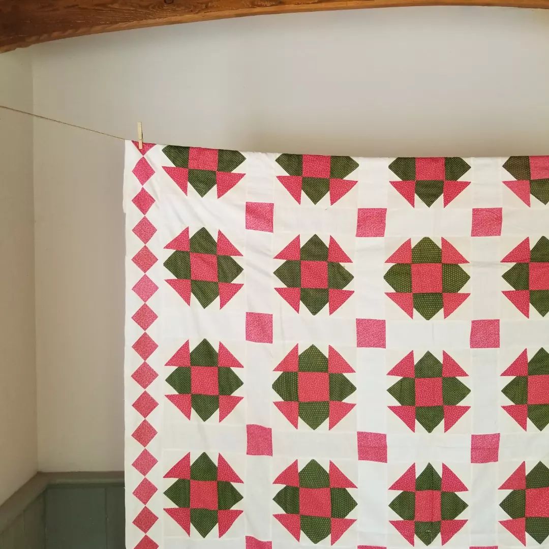 Double Pink and Green Calico Quilt TOP