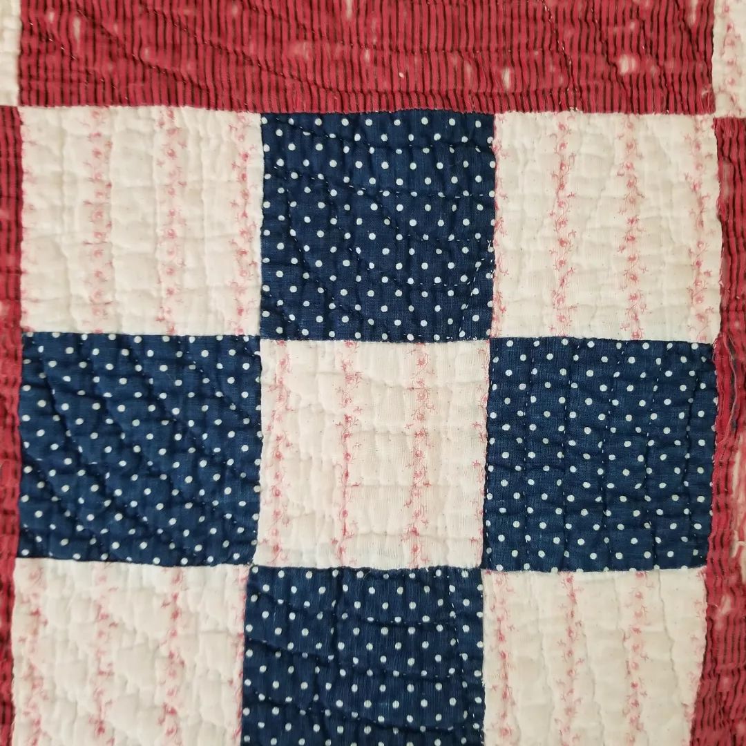 Red, Worn, 9 Patch Quilt