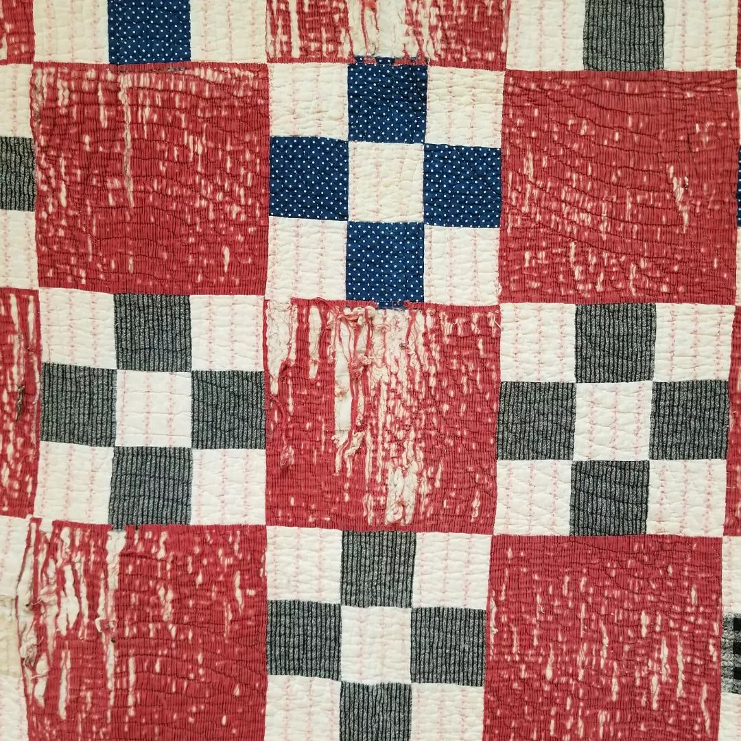 Red, Worn, 9 Patch Quilt