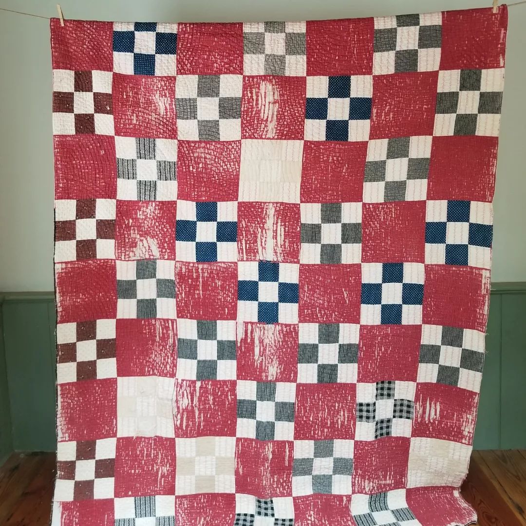 Red, Worn, 9 Patch Quilt