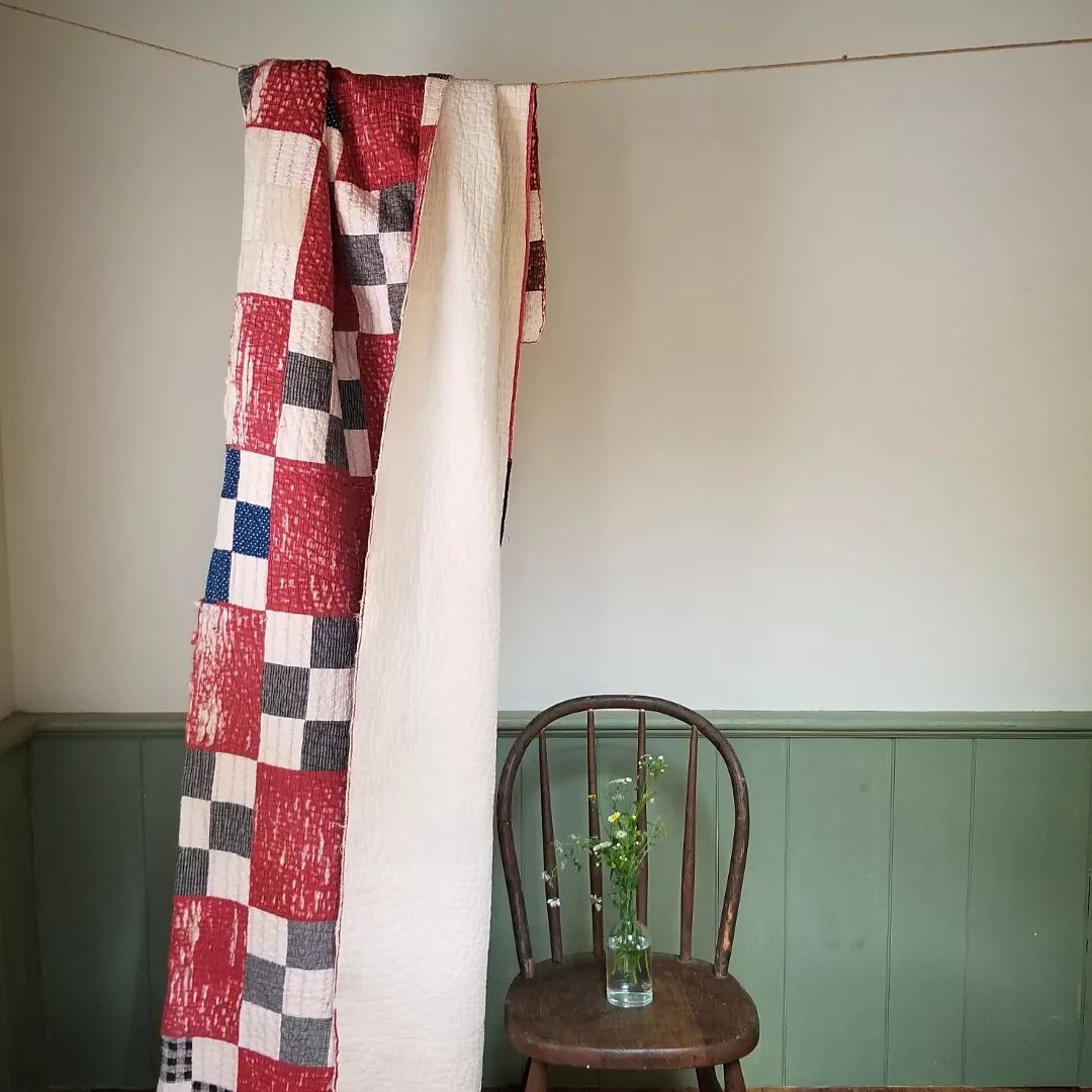 Red, Worn, 9 Patch Quilt