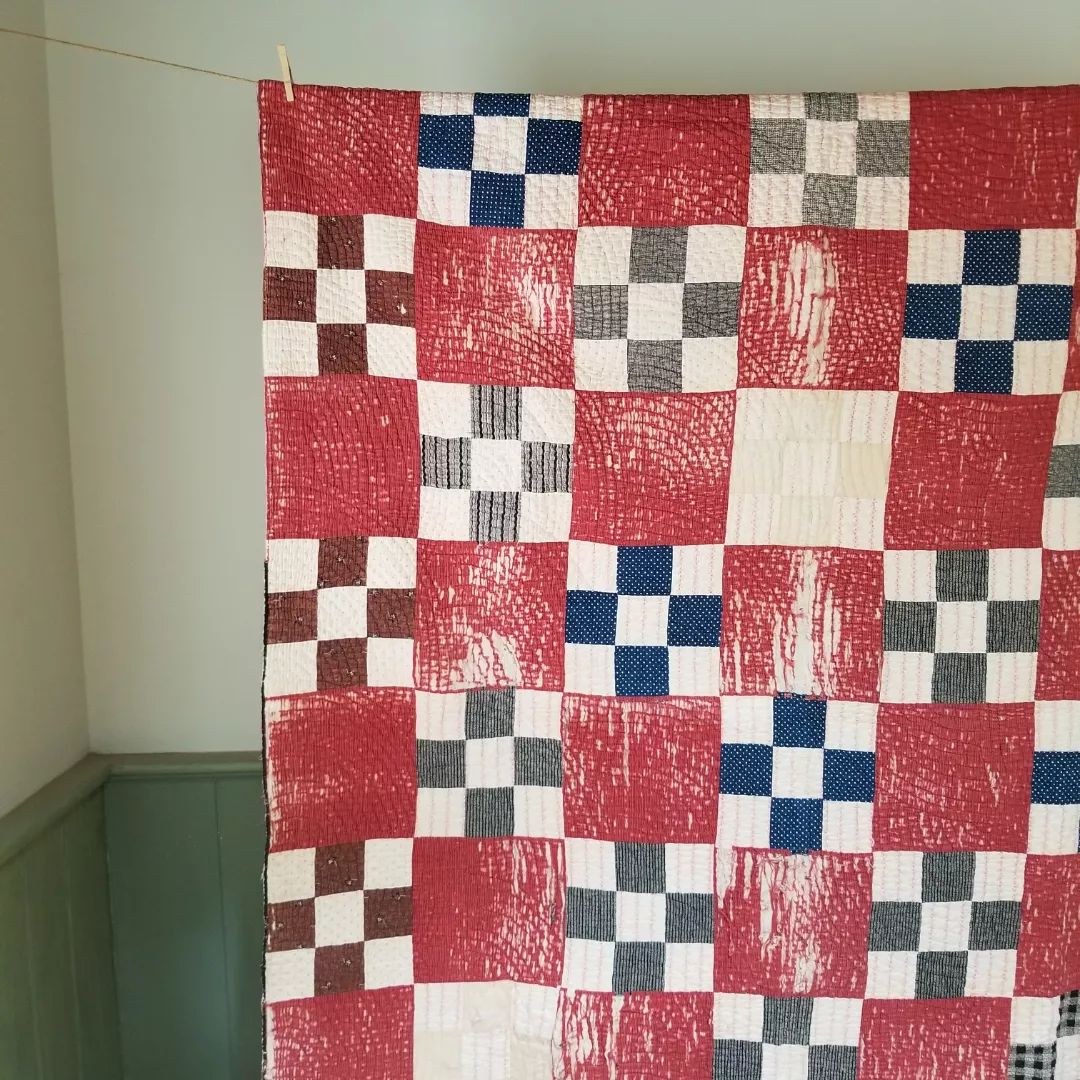 Red, Worn, 9 Patch Quilt
