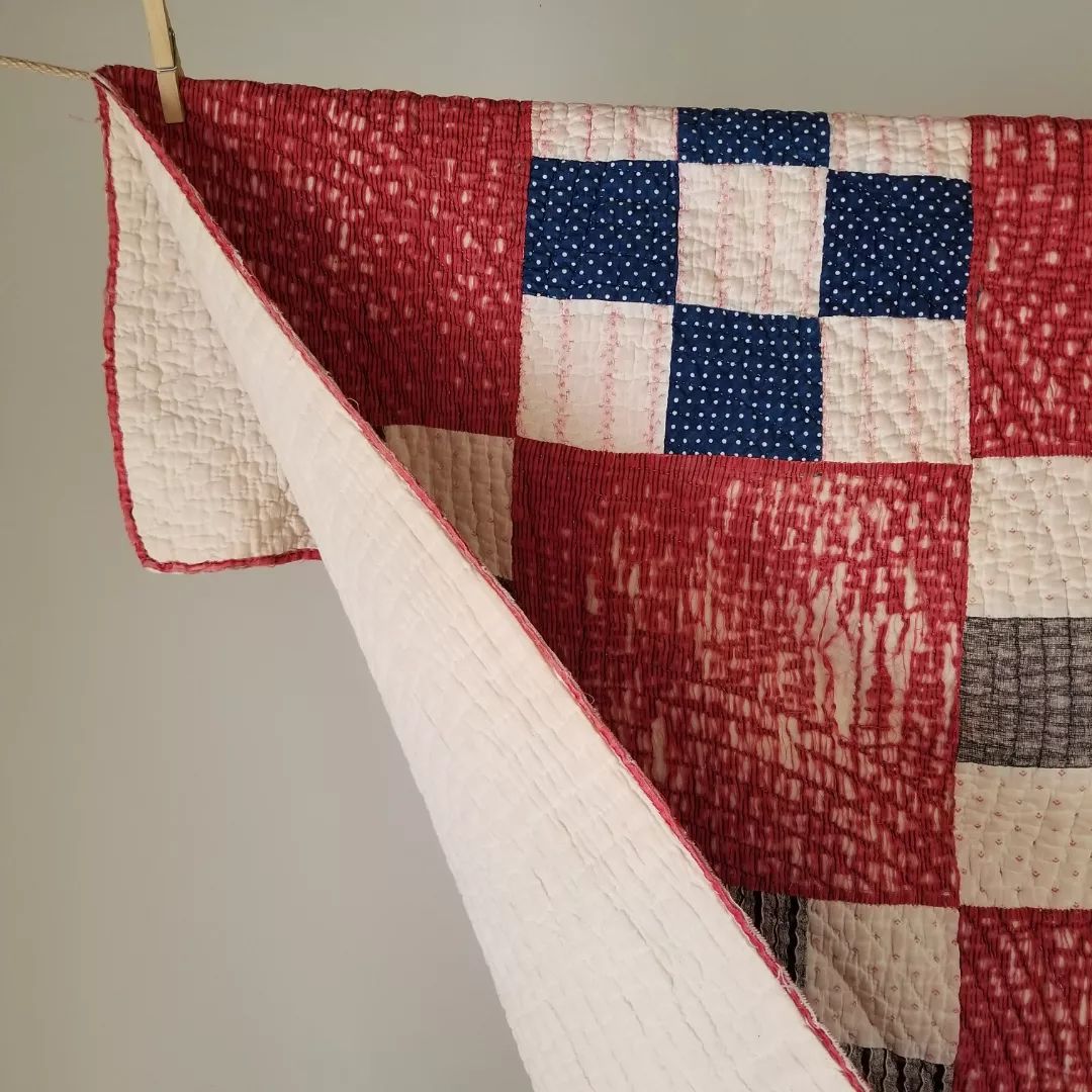 Red, Worn, 9 Patch Quilt