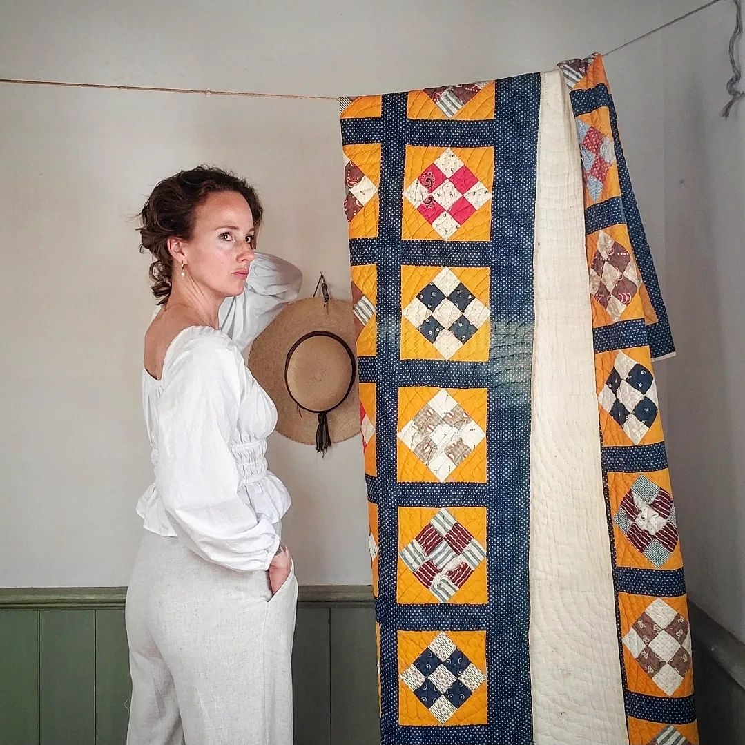 Indigo and Cheddar 9 Patch Quilt