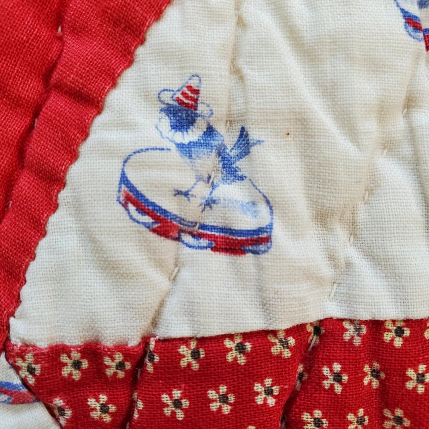 Early 20th Century Red White & Blue Star Quilt with Conversation Prints
