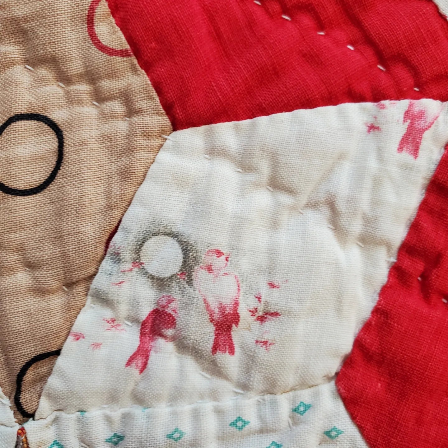 Early 20th Century Red White & Blue Star Quilt with Conversation Prints